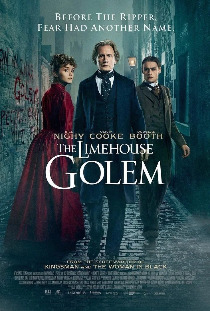 Movie poster for 'The Limehouse Golem' featuring three characters walking down a narrow, dark street with graffiti on a brick wall to the left. An older man in the center, a woman in a red dress on the left, and a young man in a brown suit on the right.