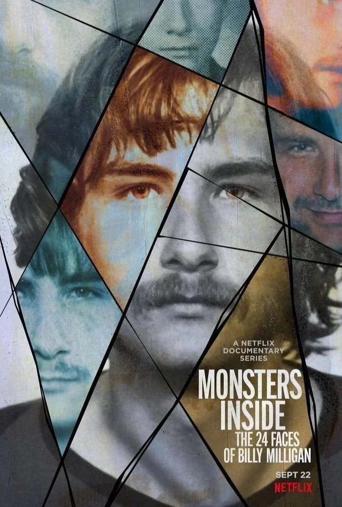 Poster for Netflix documentary series 'Monsters Inside: The 24 Faces of Billy Milligan' featuring several overlapping faces with black lines creating a collage effect.