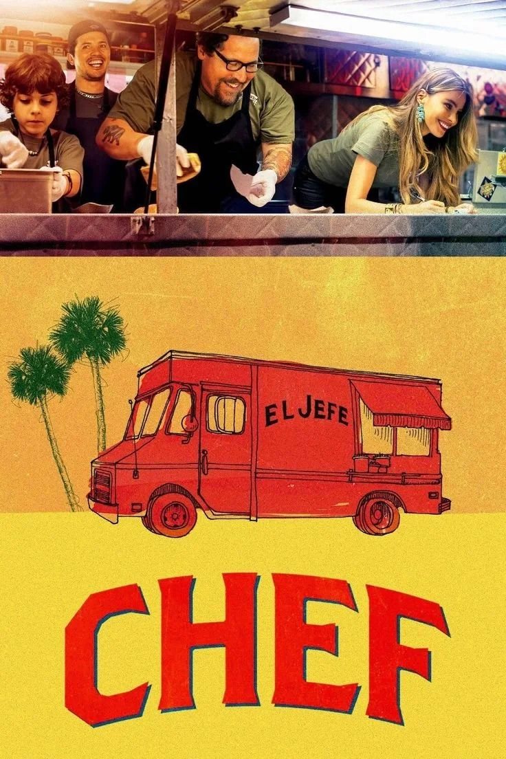 Four people working at a food truck counter, with smiling faces, two men and two women, in a lively environment. The lower part shows a colorful illustration of a red food truck with the name 'El Jefe' and big, bold letters spelling 'CHEF' underneath, set against a yellow background with palm trees.