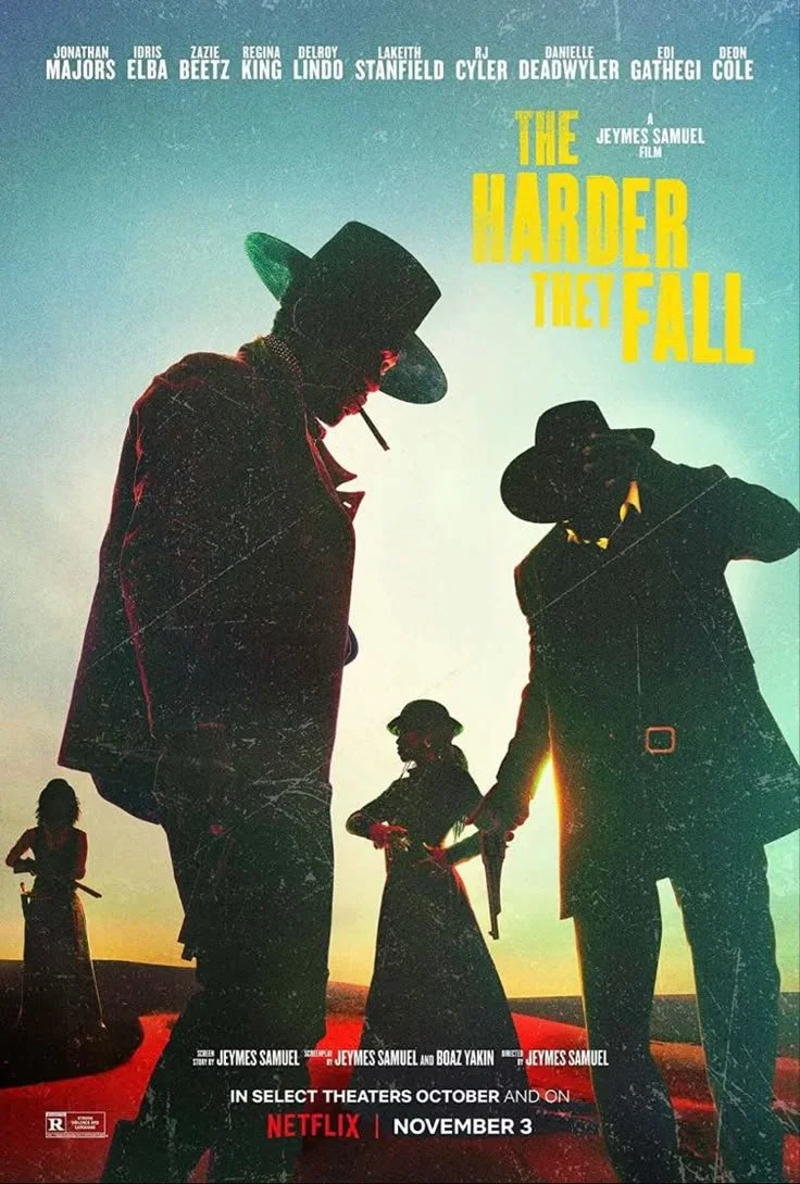 Movie poster for 'The Harder They Fall' featuring four silhouetted figures dressed in western attire, standing outdoors during sunset or sunrise. The title is in bright yellow, and the release information mentions theaters, Netflix, and the date November 3.