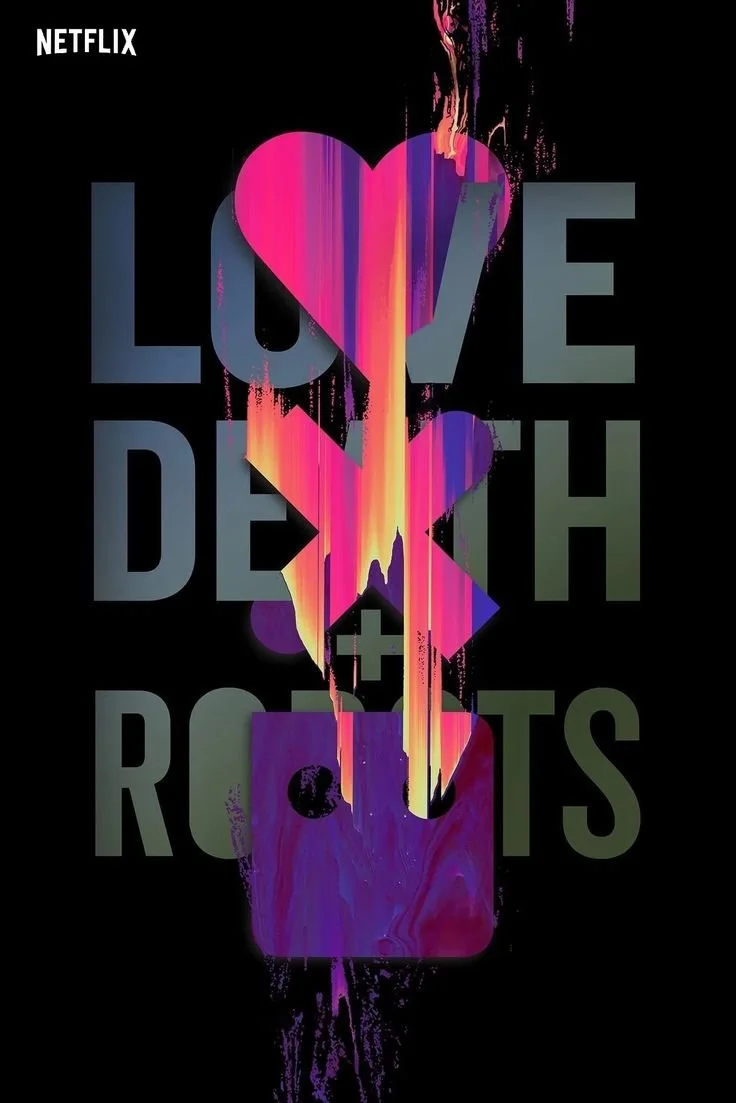 Abstract artwork showing a colorful, melting heart with a dripping, vibrant, neon-like appearance, overlaid with the words 'Love Death + Roots' in dark bold letters, and a small Netflix logo in the top left corner.