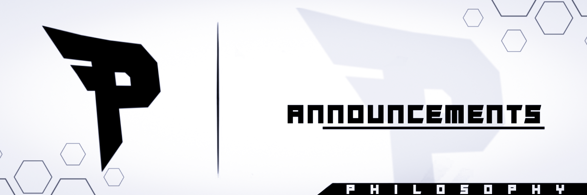Digital graphic design featuring a stylized black letter 'P' with angular edges on the left and the words 'ANNOUNCEMENTS' and 'PHILOSOPHY' in modern, bold font on the right, with hexagonal shapes in the background.