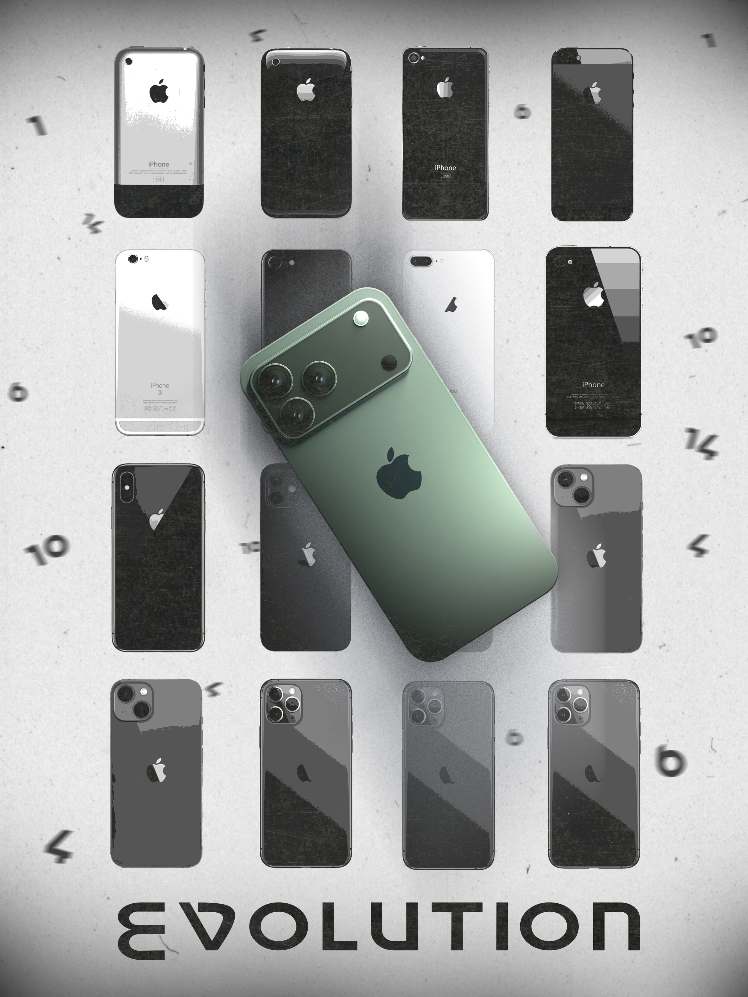 A collection of various iPhones arranged on a surface with a large green iPhone placed diagonally on top, surrounded by scattered numbers and the word "EVOLUTION" at the bottom.