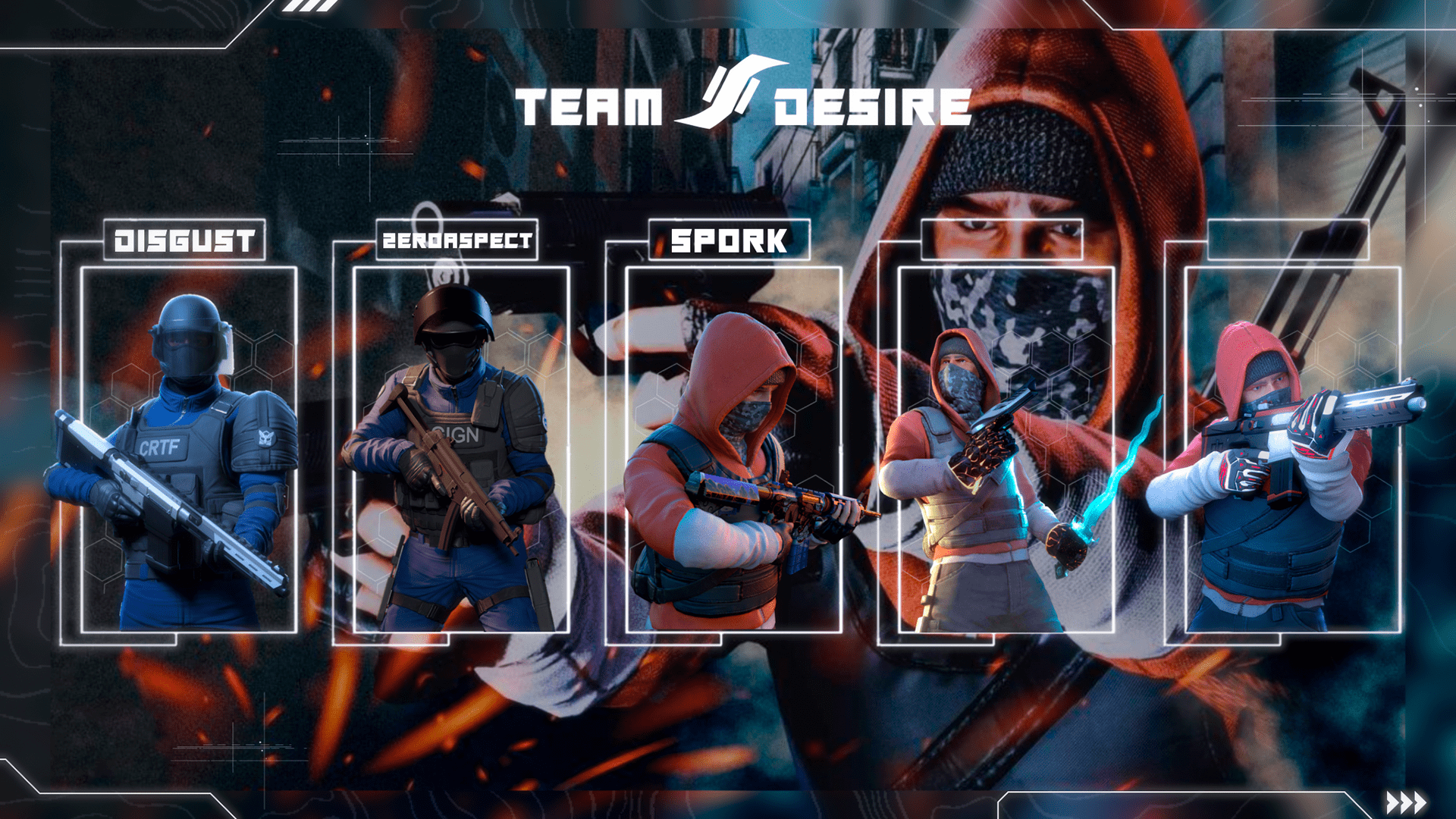 Image of five characters in tactical gear holding weapons, labeled Disgust, ZeroAspect, Spark, and two other blank spaces for names, with a large hooded figure in the background and a futuristic, tech-themed design.