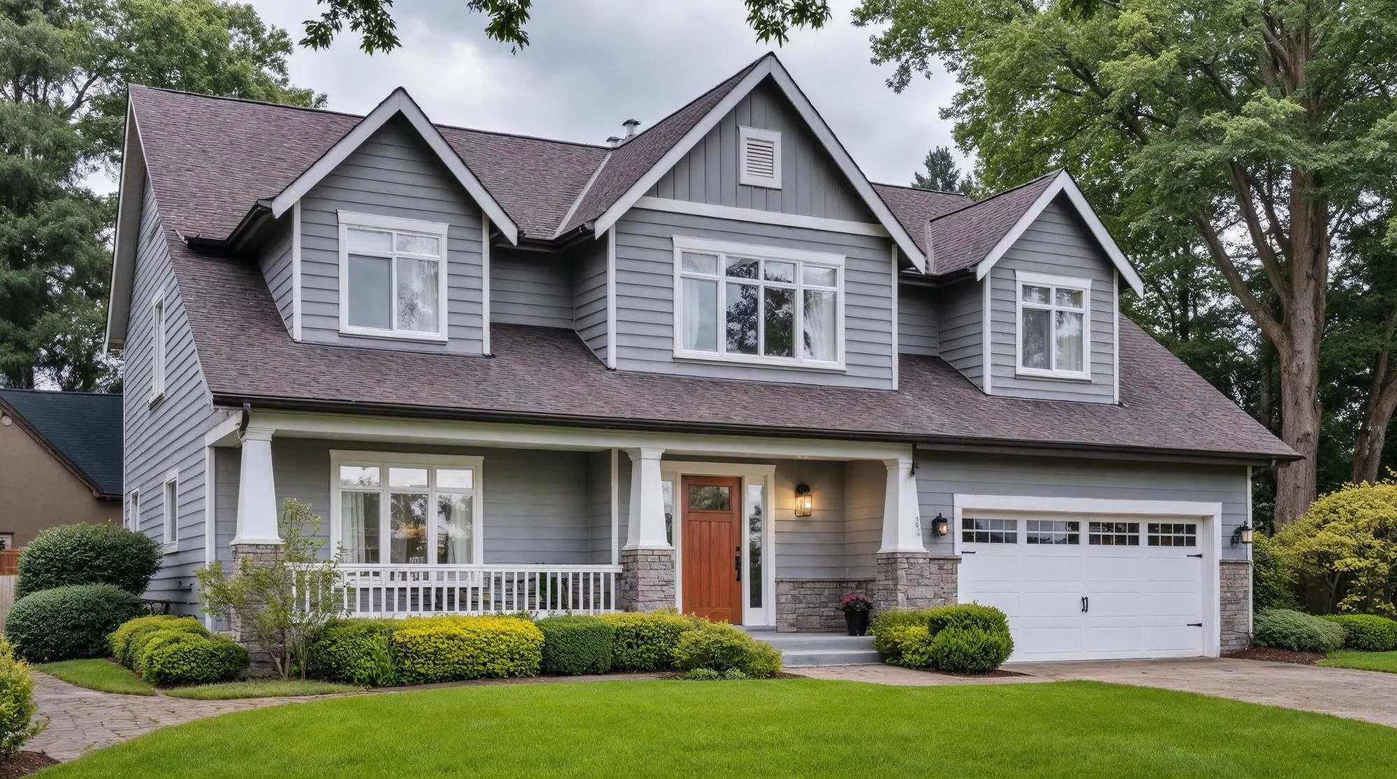 Gray two-story house with white trim, a front porch, and a white garage door, surrounded by green lawn and trees.