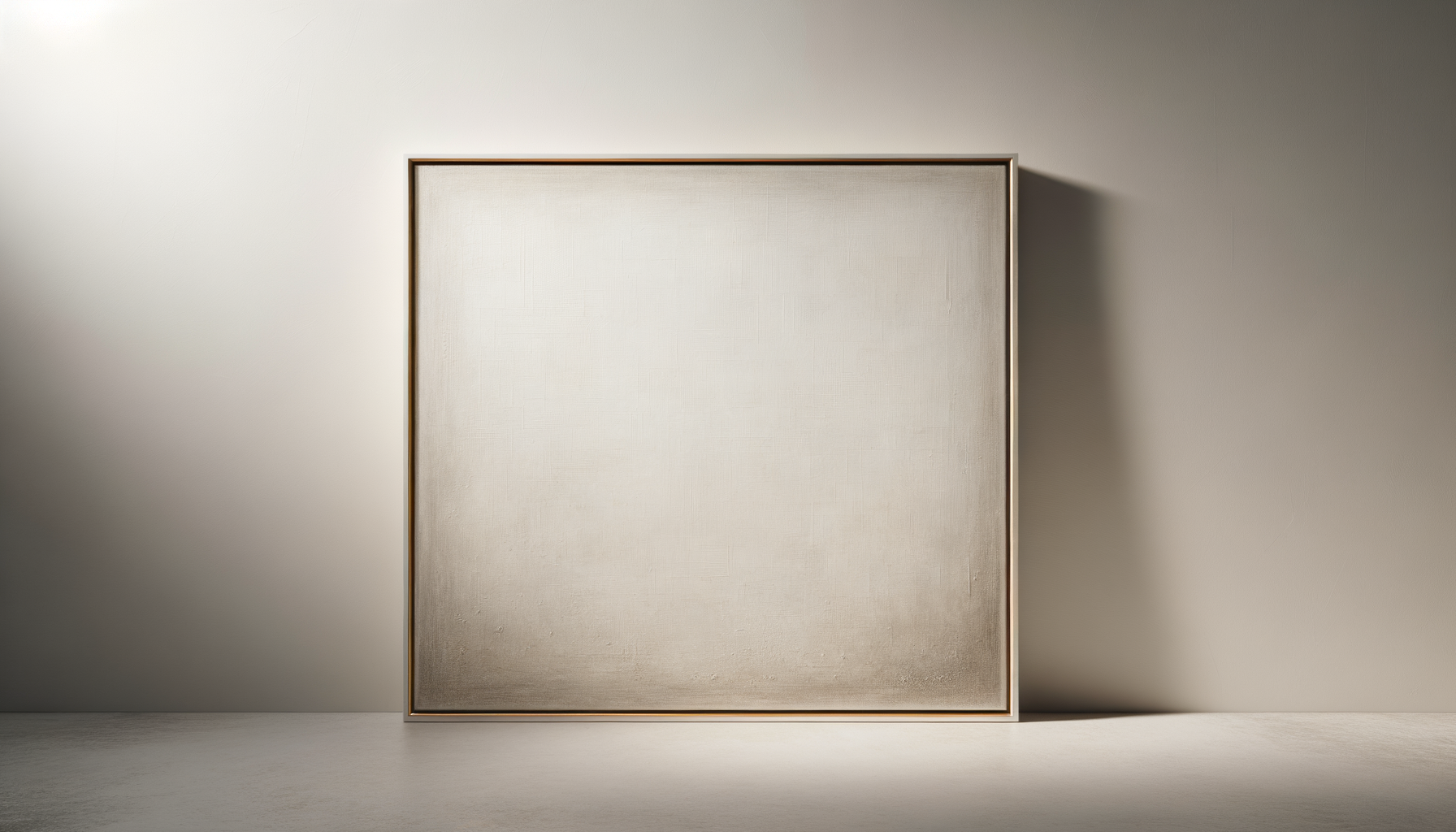 Empty beige canvas with a thin metallic frame leaning against a plain wall, casting a shadow to the right.