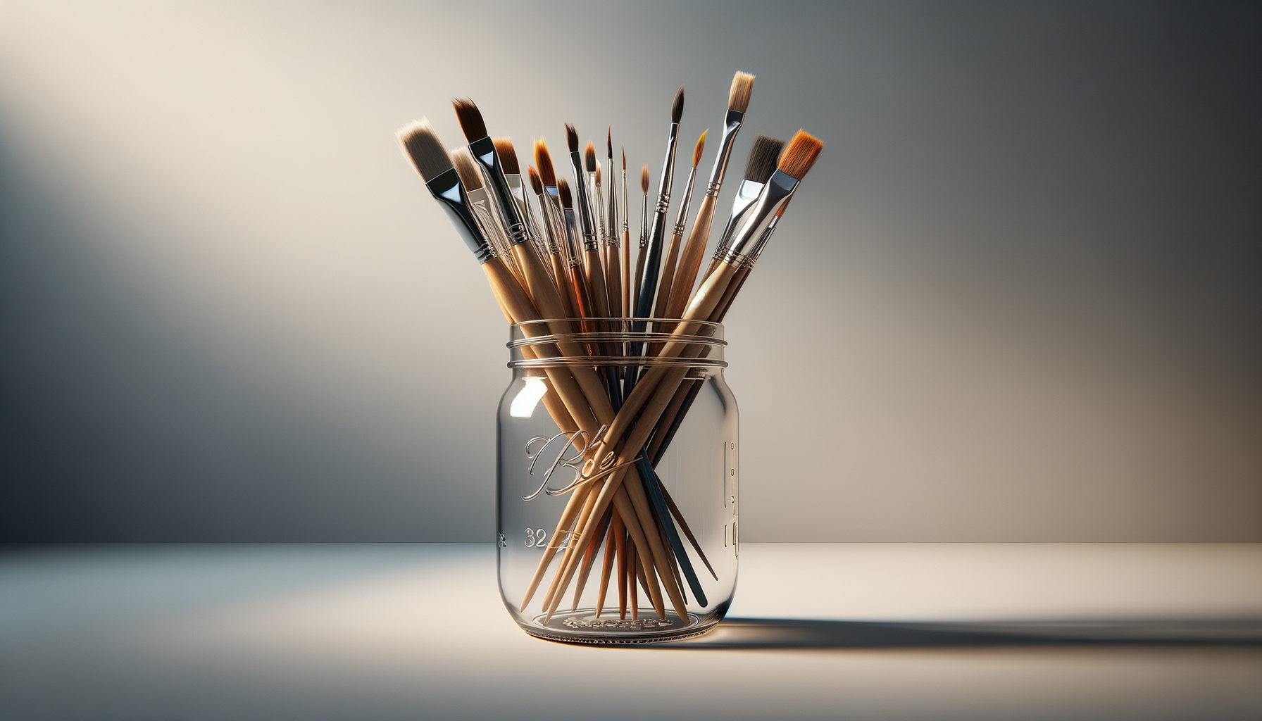 A glass jar filled with various painting brushes on a flat surface with a neutral background.