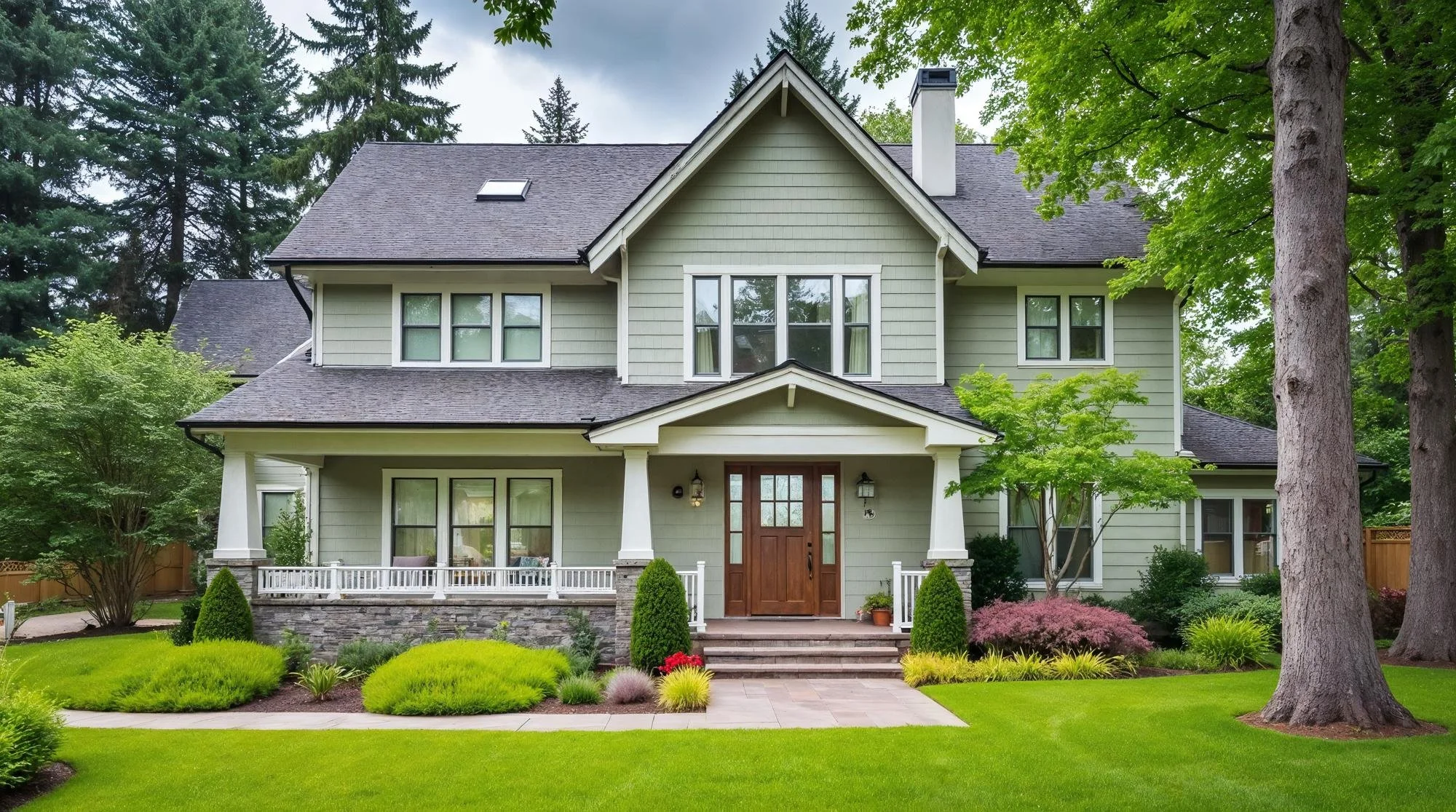 A two-story house with a front porch, green siding, and a dark gray roof, surrounded by lush green trees and a well-maintained lawn.
