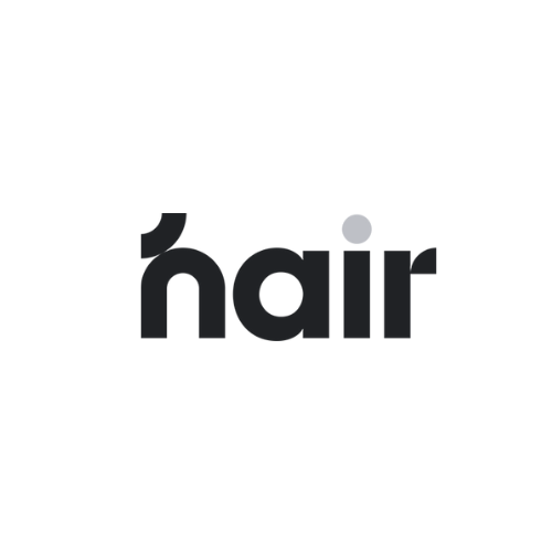 A logo with the word 'hair' in black lowercase letters, featuring a stylized accent on the 'h' and a gray dot over the 'i'.
