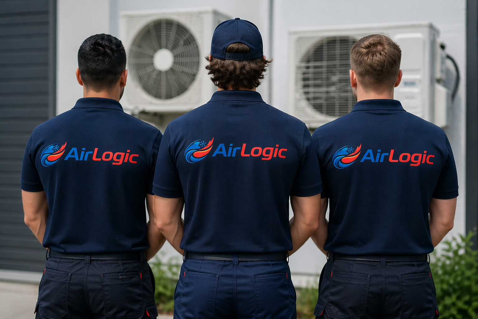 Three HVAC technicians seen from the back wearing navy blue shirts with 'AirLogic' logo, standing outdoors near air conditioning units.