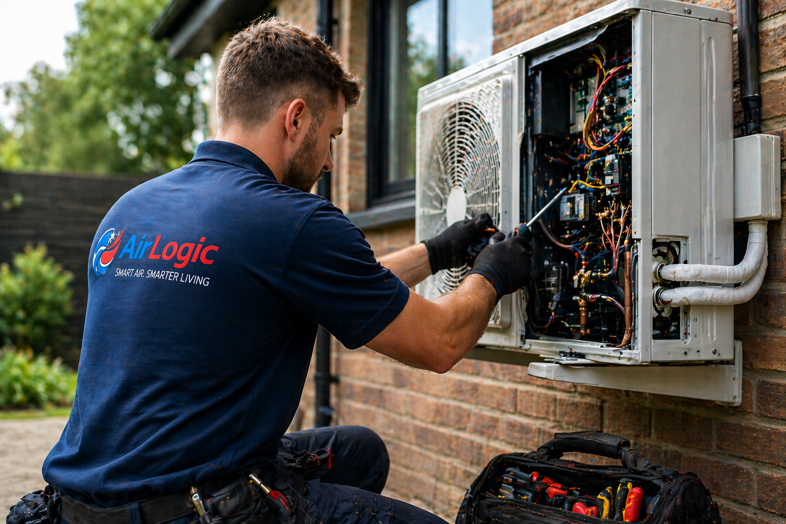 Technician working on an outdoor HVAC unit, wearing a navy shirt with the 'AirLogic' logo, using tools, with a tool bag nearby, outside a brick building.