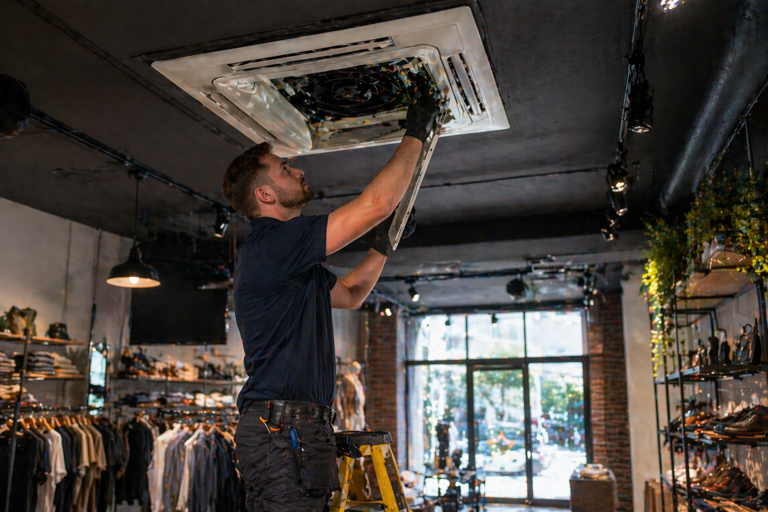 A man standing on a ladder installing or repairing a commercial ceiling air conditioning vent in a retail store.