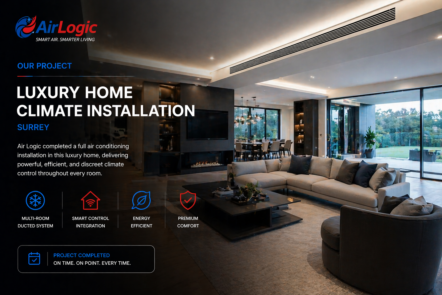 Modern living room with large windows, beige sofa, black coffee table, and view of outdoor greenery, related to Air Logic luxury home climate installation advertisement.