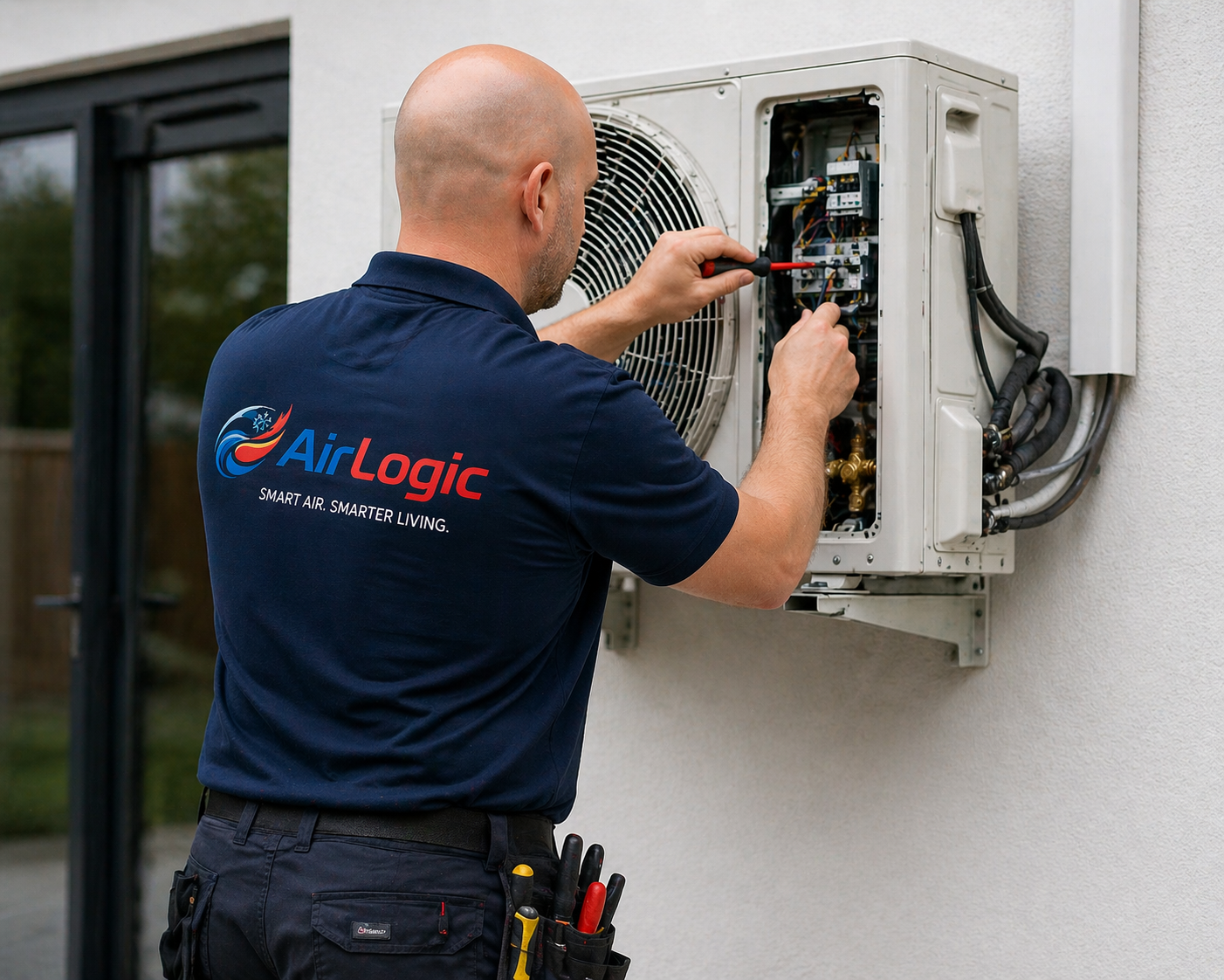 A technician in a navy blue AirLogic shirt repairing an outdoor air conditioning unit mounted on a wall.
