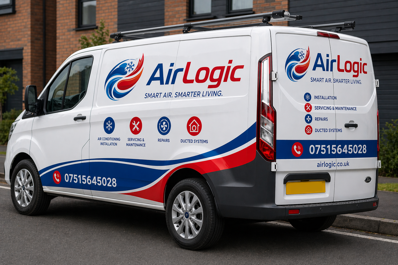 White service van with AirLogic logo, contact number, and icons indicating air conditioning, servicing, repairs, and ducted systems.