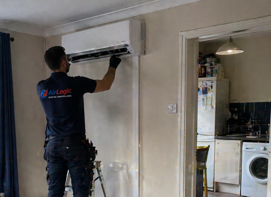 A technician cleaning or repairing a wall-mounted air conditioning unit in a living room.