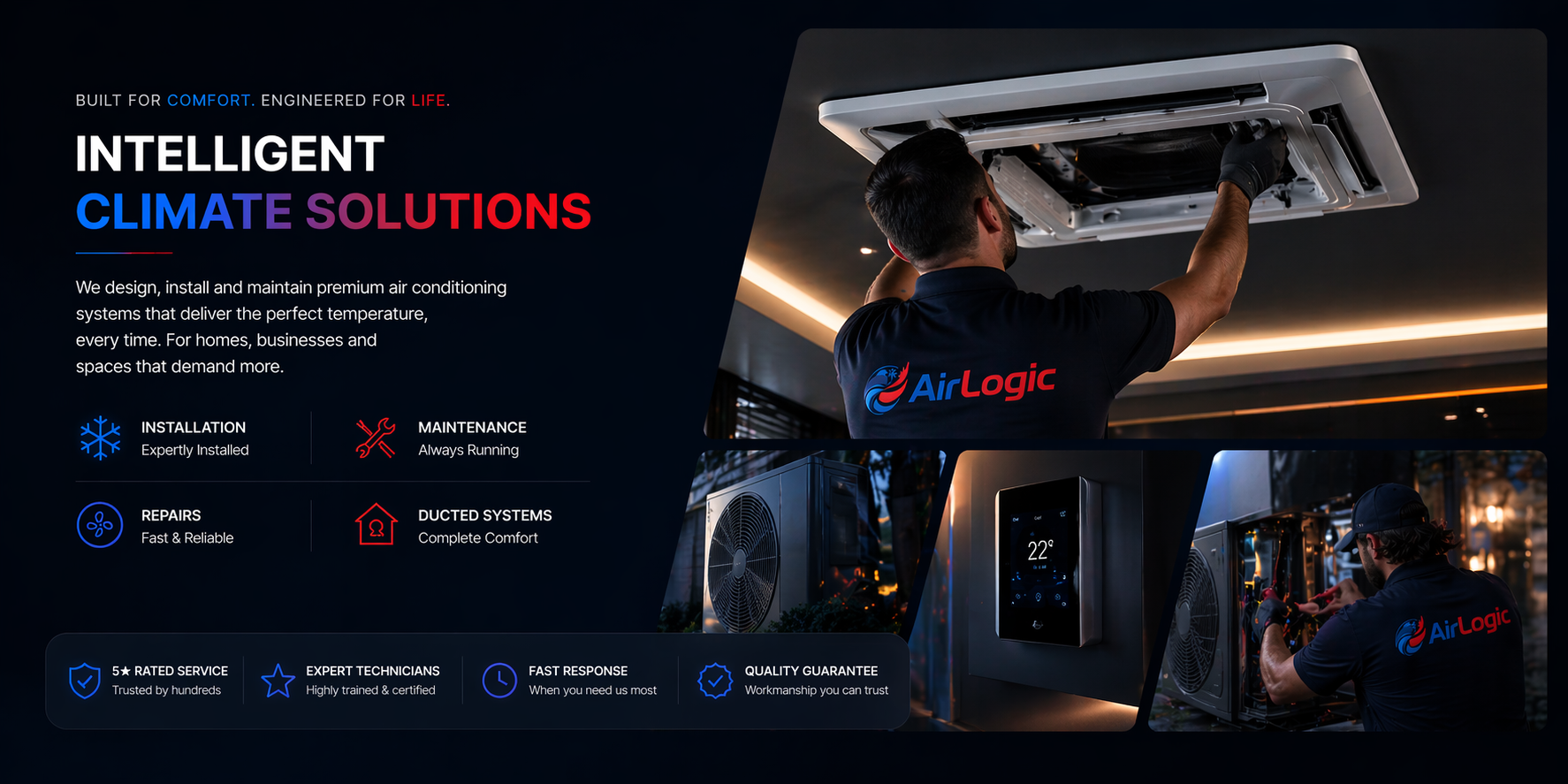 A man installs a ceiling air conditioning unit, with a digital thermostat display showing 22°C, and a technician working on a unit with the AirLogic logo, emphasizing the company's services for climate control systems.