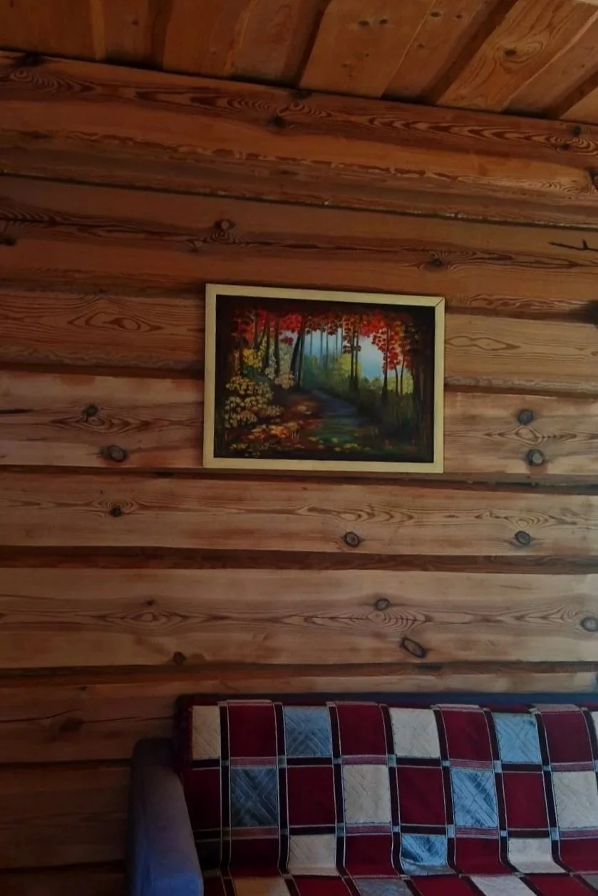 A framed painting of a forest scene with trees and a path hanging on a wooden wall above a plaid-patterned couch.