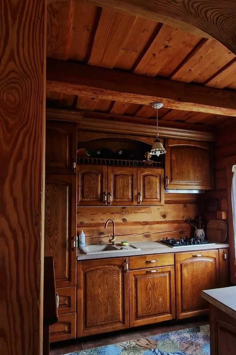 Wood-paneled kitchen with upper cabinets, a small pendant light, a sink with a gold faucet, a stovetop, and various kitchen items.
