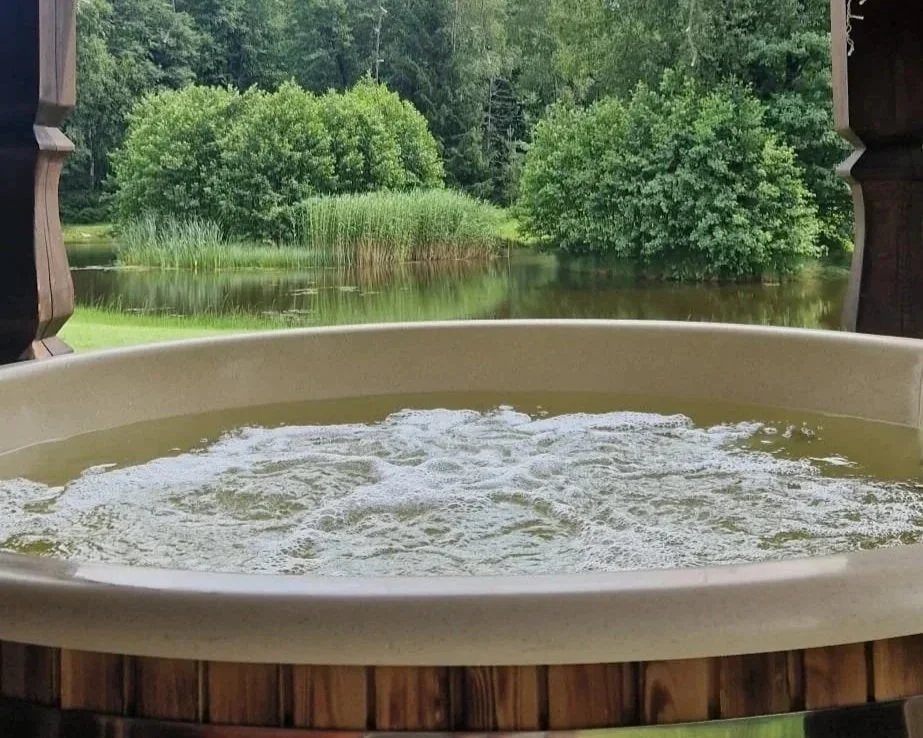 A hot tub with bubbling water, overlooking a lake with lush green trees and tall grass reeds in the background.