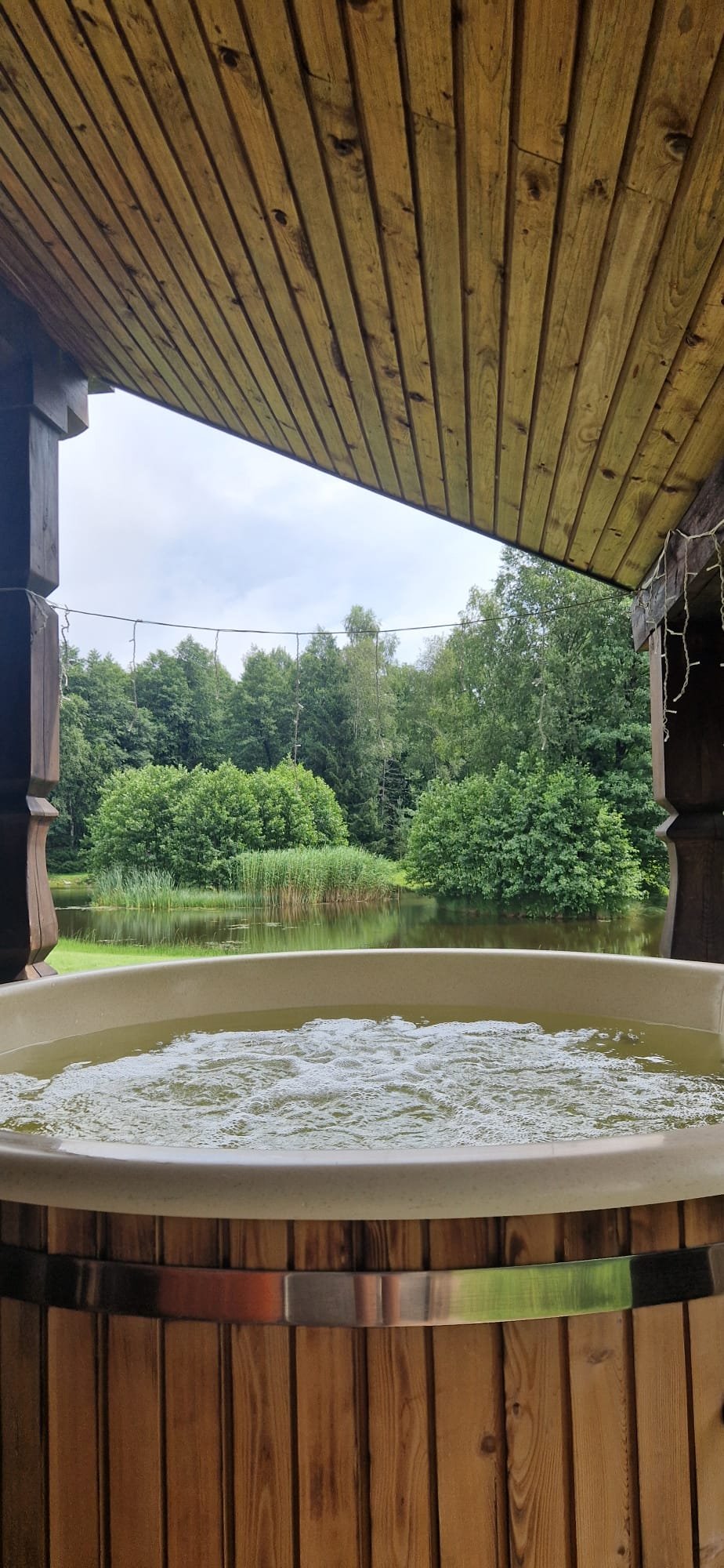 A hot tub with bubbling water on a wooden deck overlooking a pond surrounded by lush green trees and bushes.