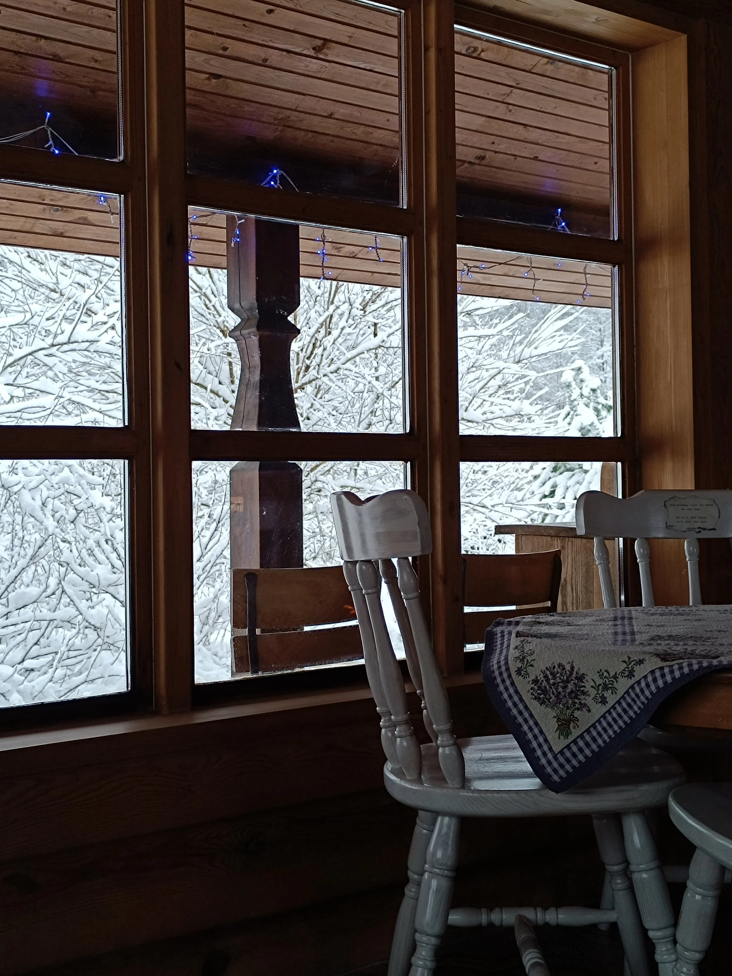 Indoor view of a cozy wooden cabin with a table covered by a floral tablecloth, wooden chairs, and a large window showing a snowy winter landscape outside with snow-covered trees and blue string lights above.