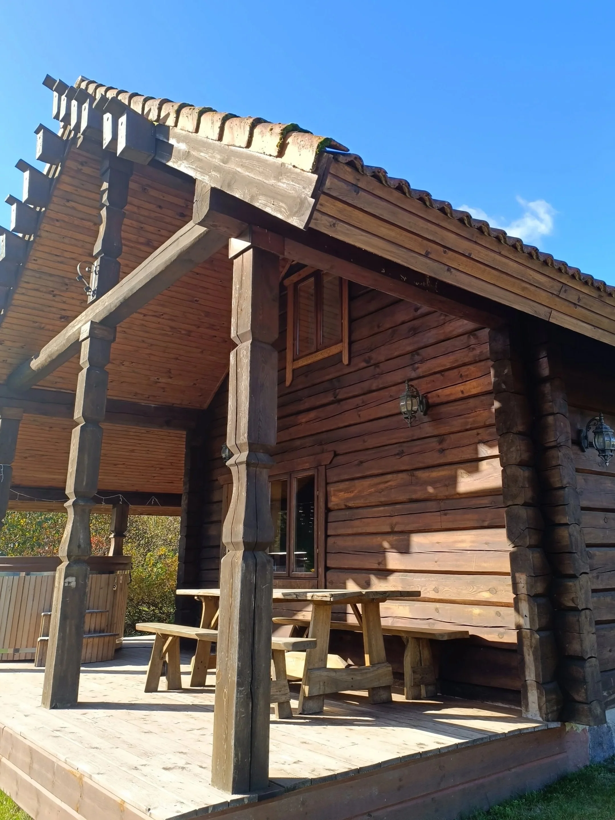 A wooden cabin with a porch and picnic table, under a blue sky.