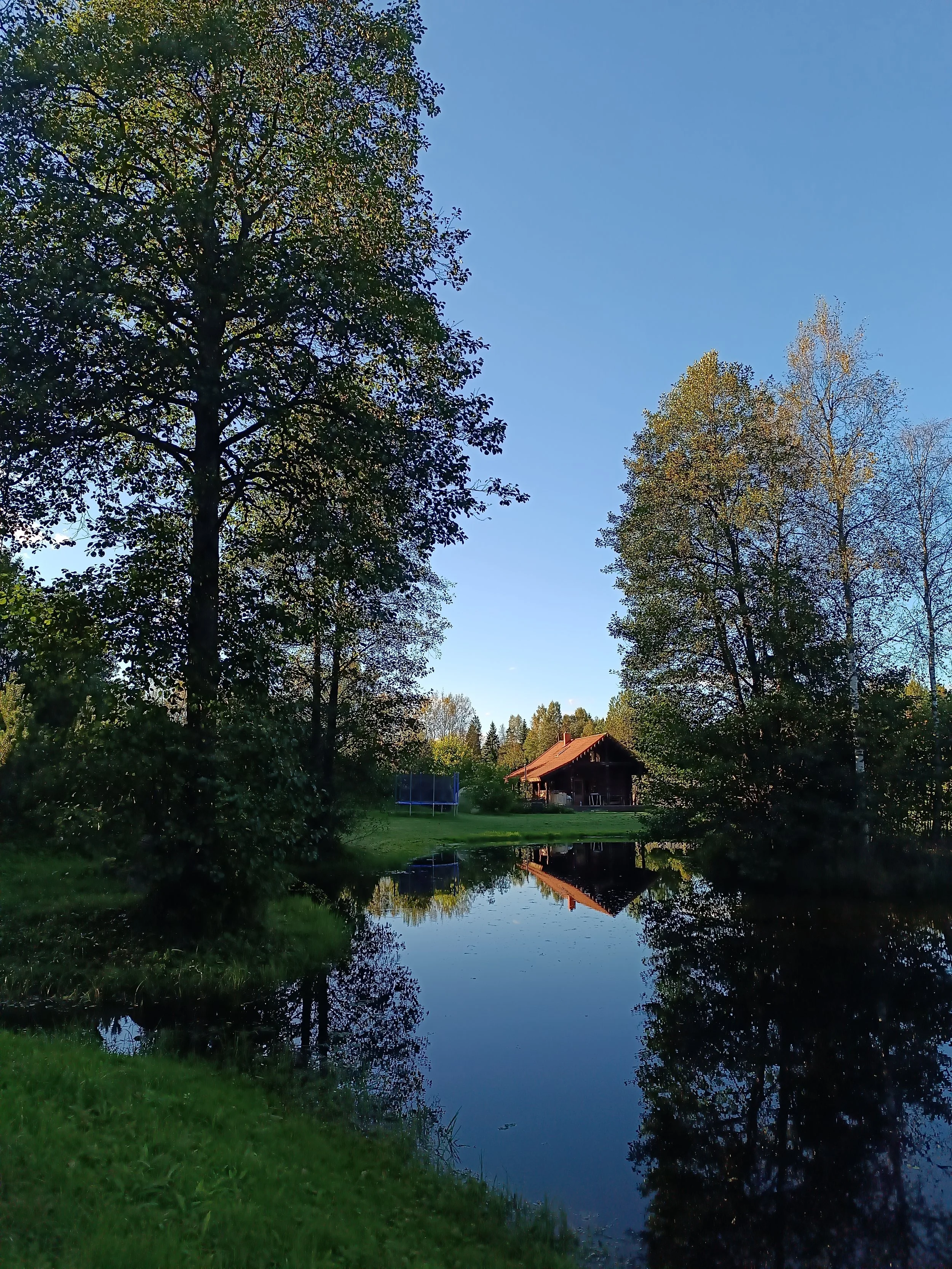 A serene landscape with tall trees reflected in a calm pond, a wooden house in the background, and a trampoline near the house, under a clear blue sky.