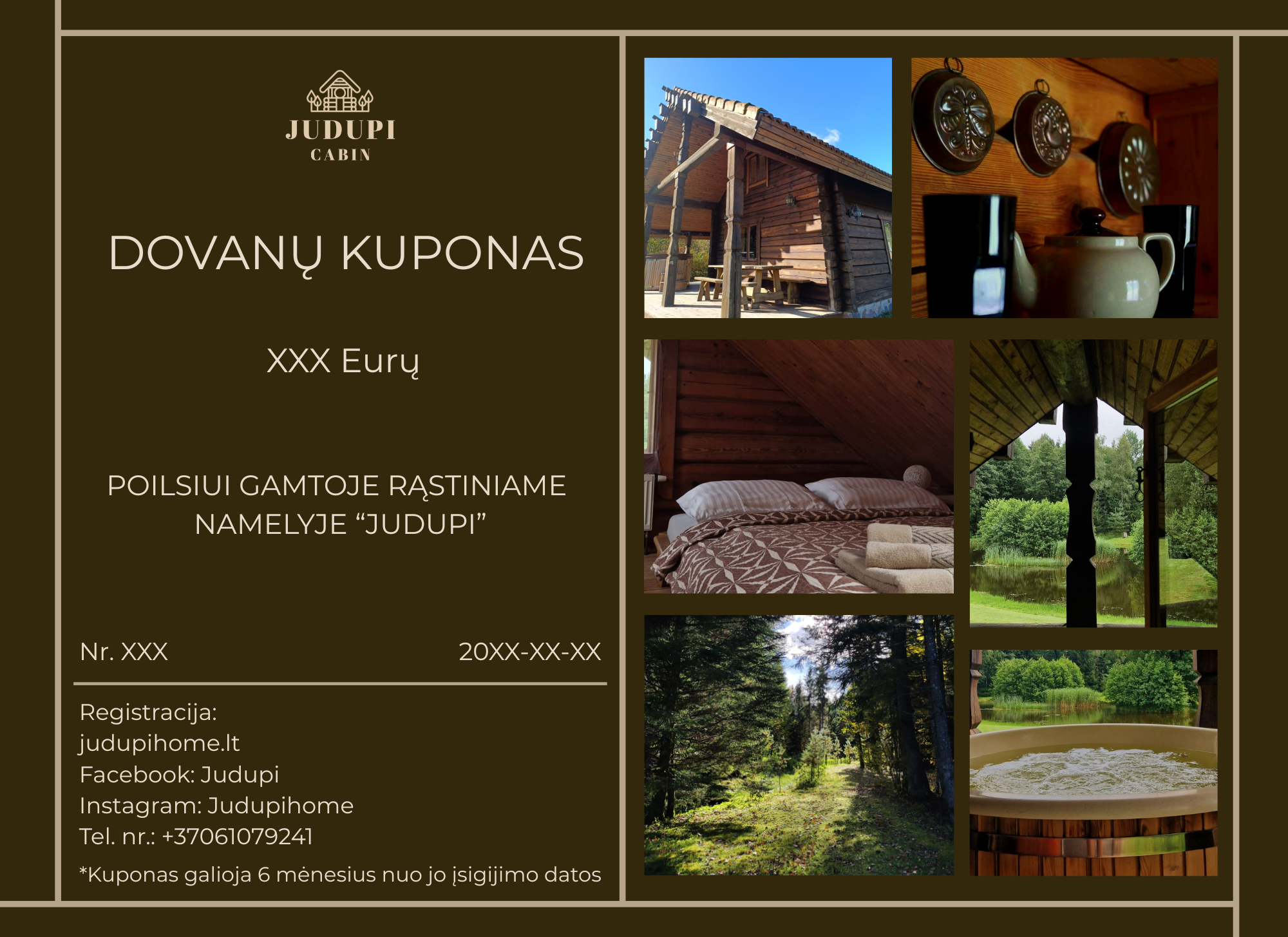 A gift card for Judupi Cabin, a rustic vacation rental in Poland, with images of a wooden cabin, interior bedroom, forest landscape, lake view, and indoor decor, valued at XXX euros.