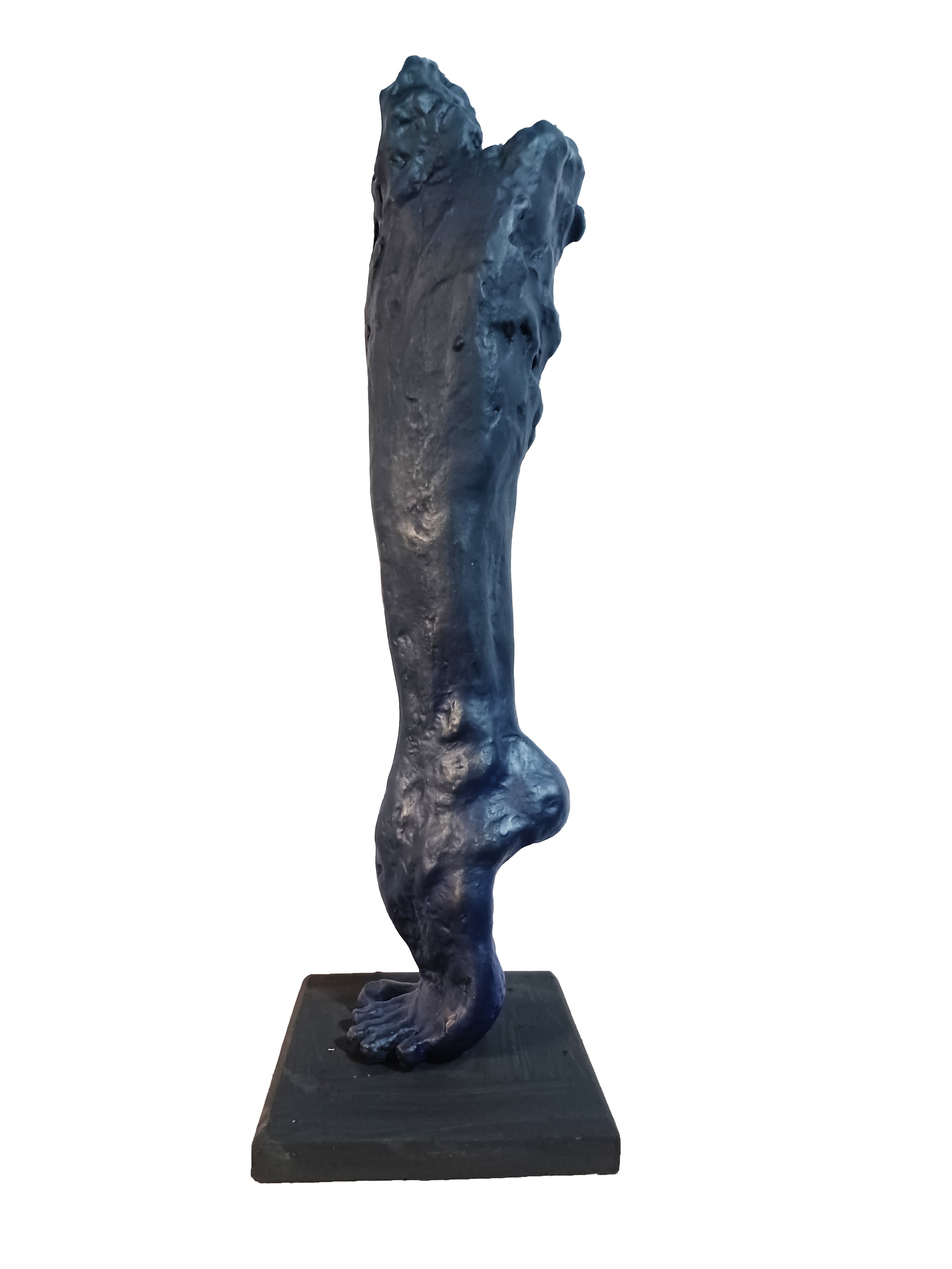 Sculpture of a human leg with a foot, made of dark material, mounted on a black rectangular base.