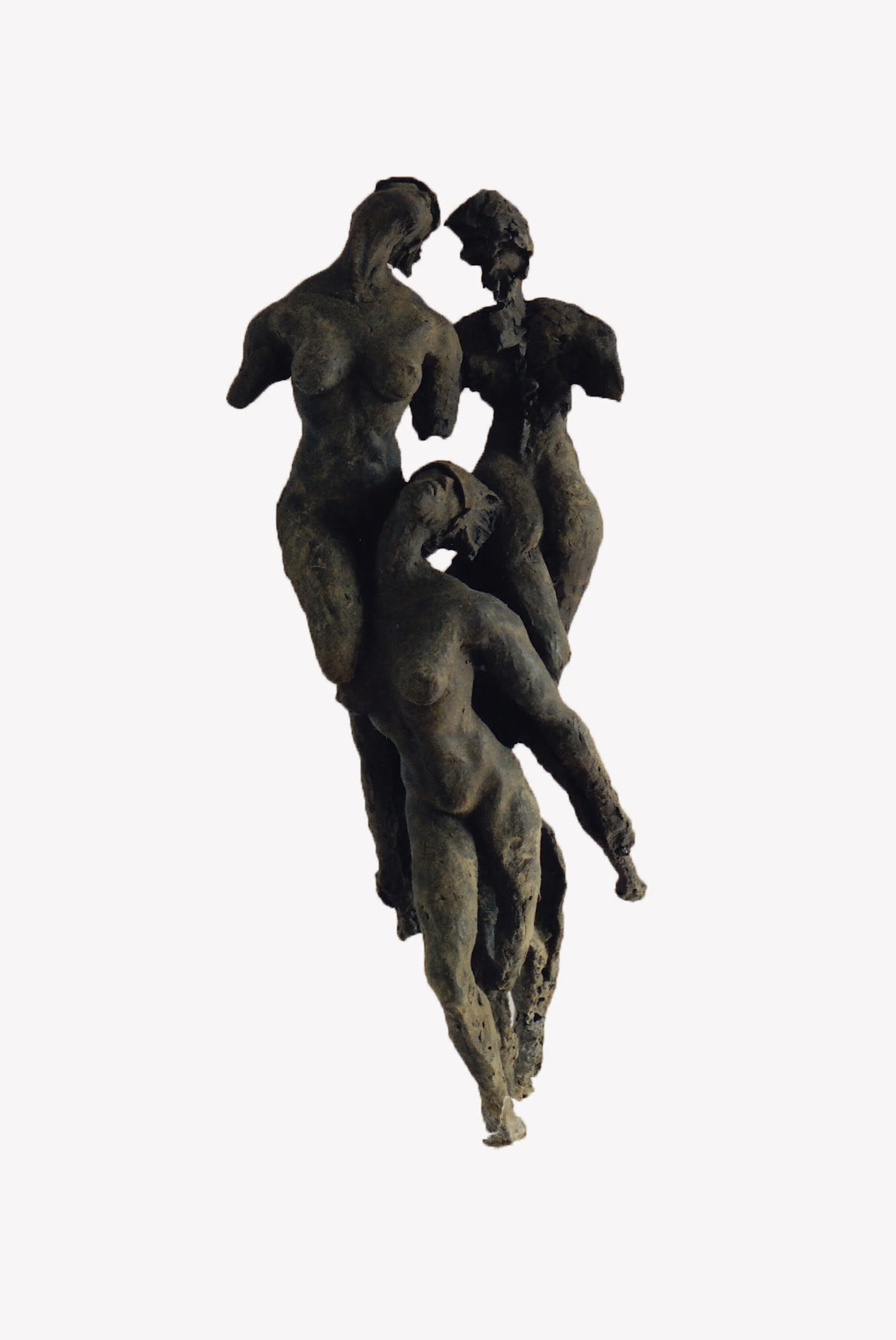 A sculpture of three intertwined female figures made of dark material against a plain white background.