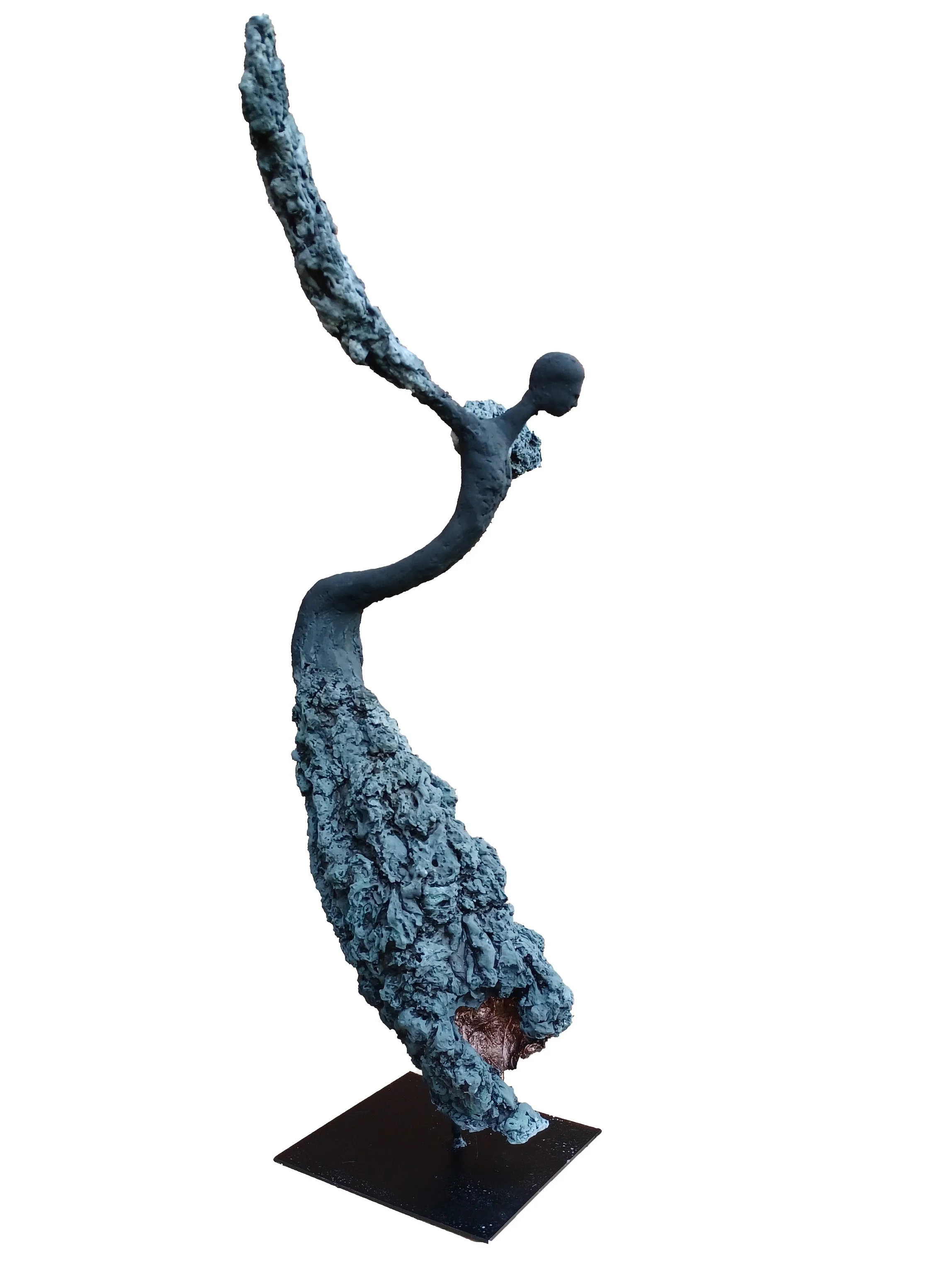 An abstract art sculpture with a curved, textured blue form on a black base.