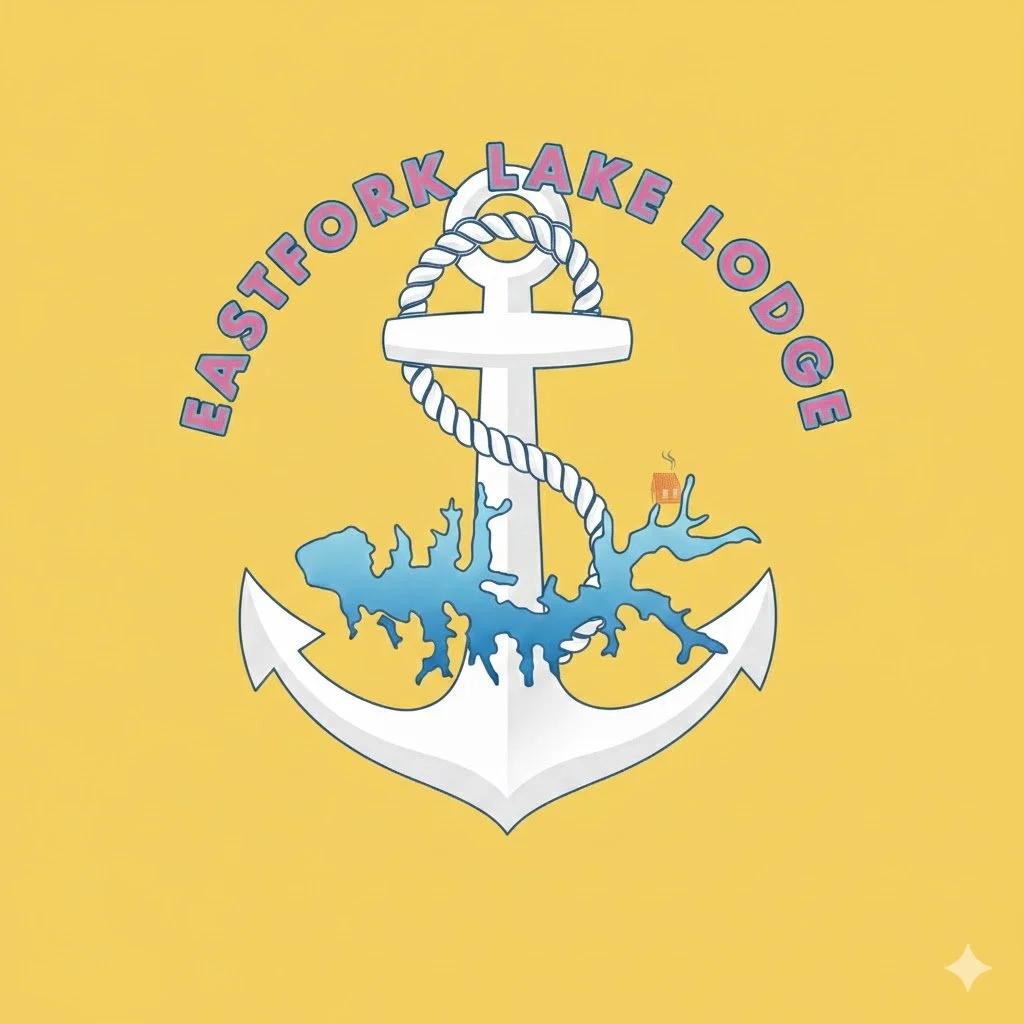 Logo featuring a white anchor with a rope wrapped around it, blue lake and tree silhouette at the bottom, and the text 'Eastford Lake Lodge' in purple. A small coffee cup icon is near the lake. The background is yellow.