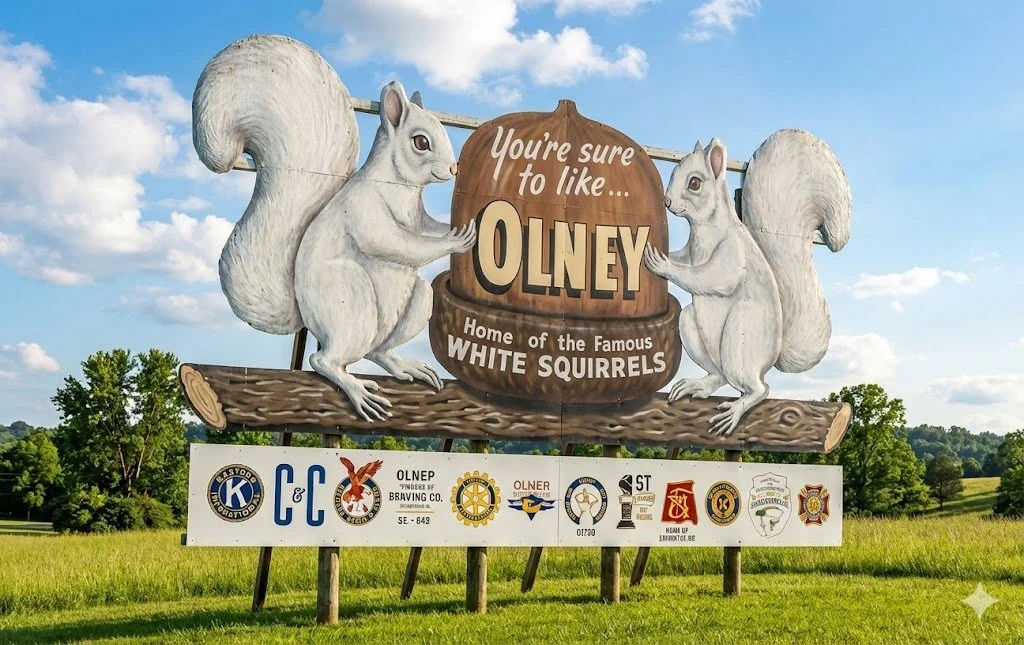 Large welcoming sign for Olney, home of the famous white squirrels, featuring two white squirrels holding a wooden barrel with the text "You're sure to like... Olney, Home of the Famous White Squirrels." The sign is set in a grassy field with trees and a partly cloudy sky in the background.