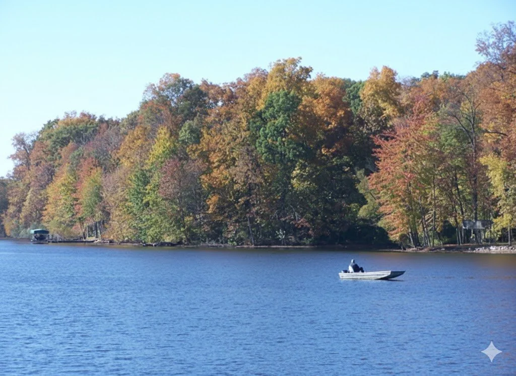 A small boat with two people on a lake, surrounded by trees with autumn-colored leaves.
