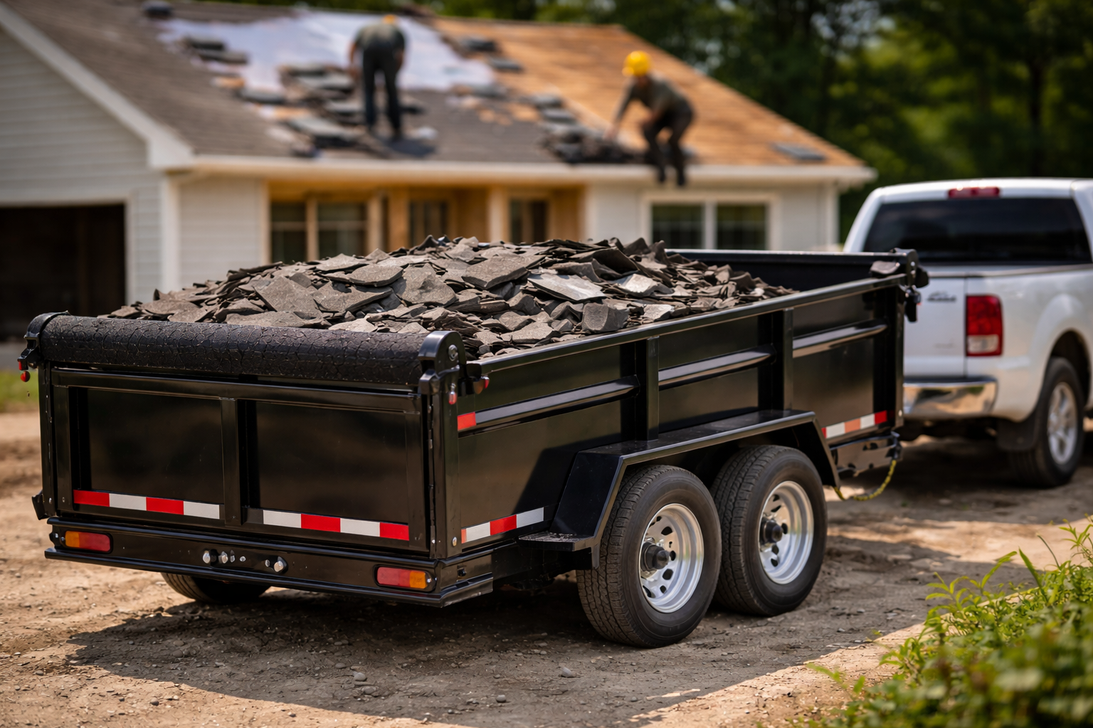 Dump trailer loaded with roofing debris on an active roofing jobsite in Northern Colorado