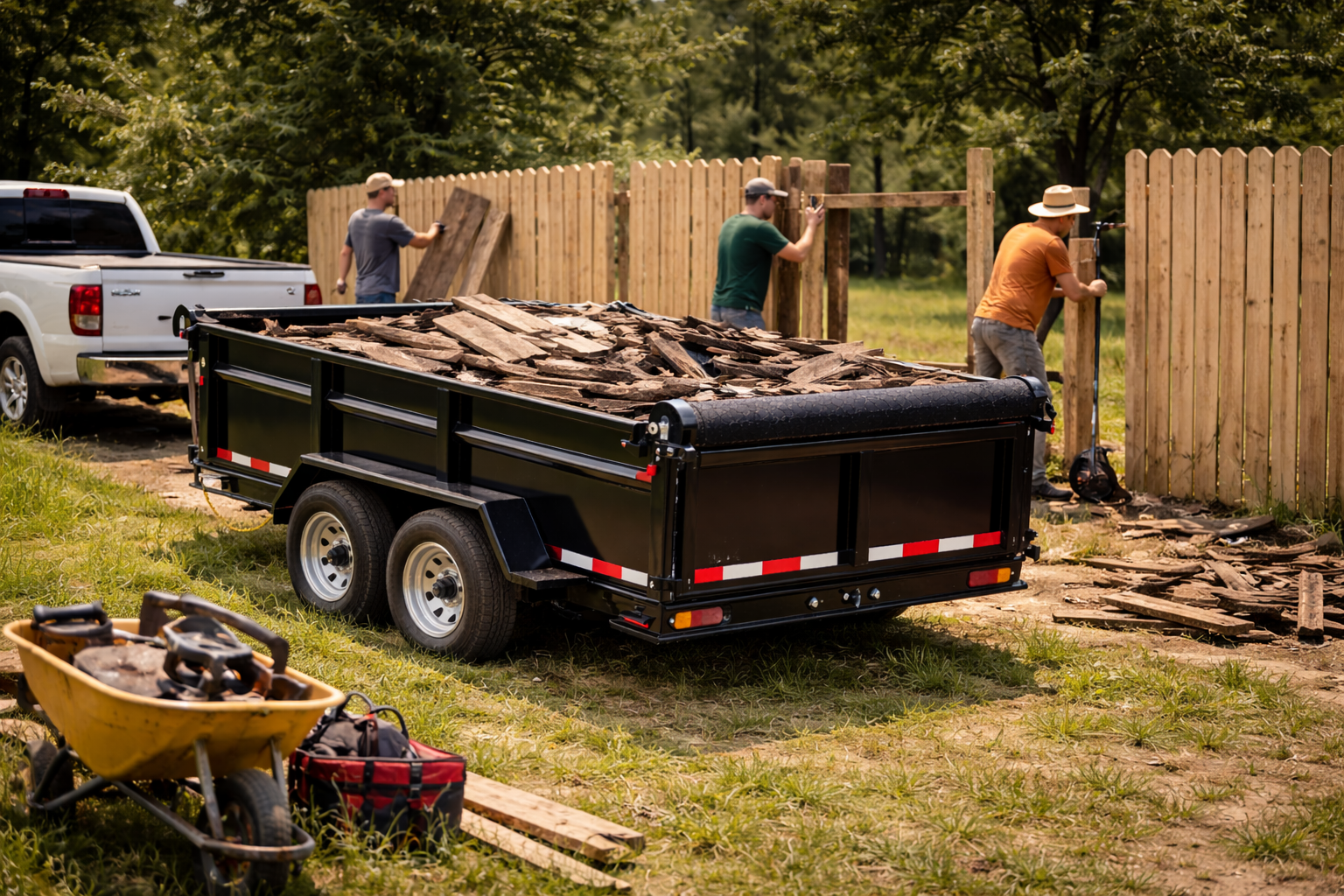 Construction crew loading fencing debris into a dump trailer on a Northern Colorado jobsite
