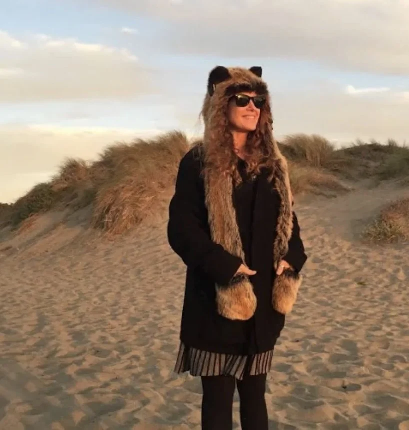 Tommi wearing a Spirit Hood at Ocean Beach