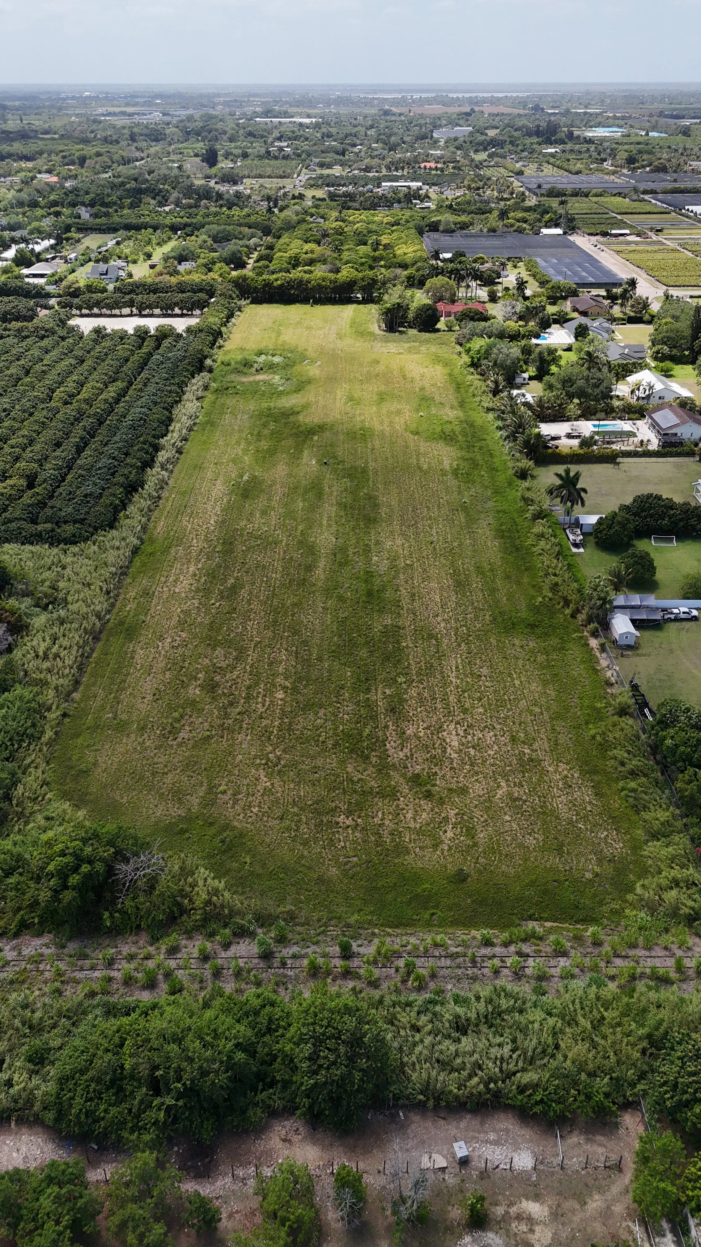 Aerial view of a large green field surrounded by trees and residential houses.