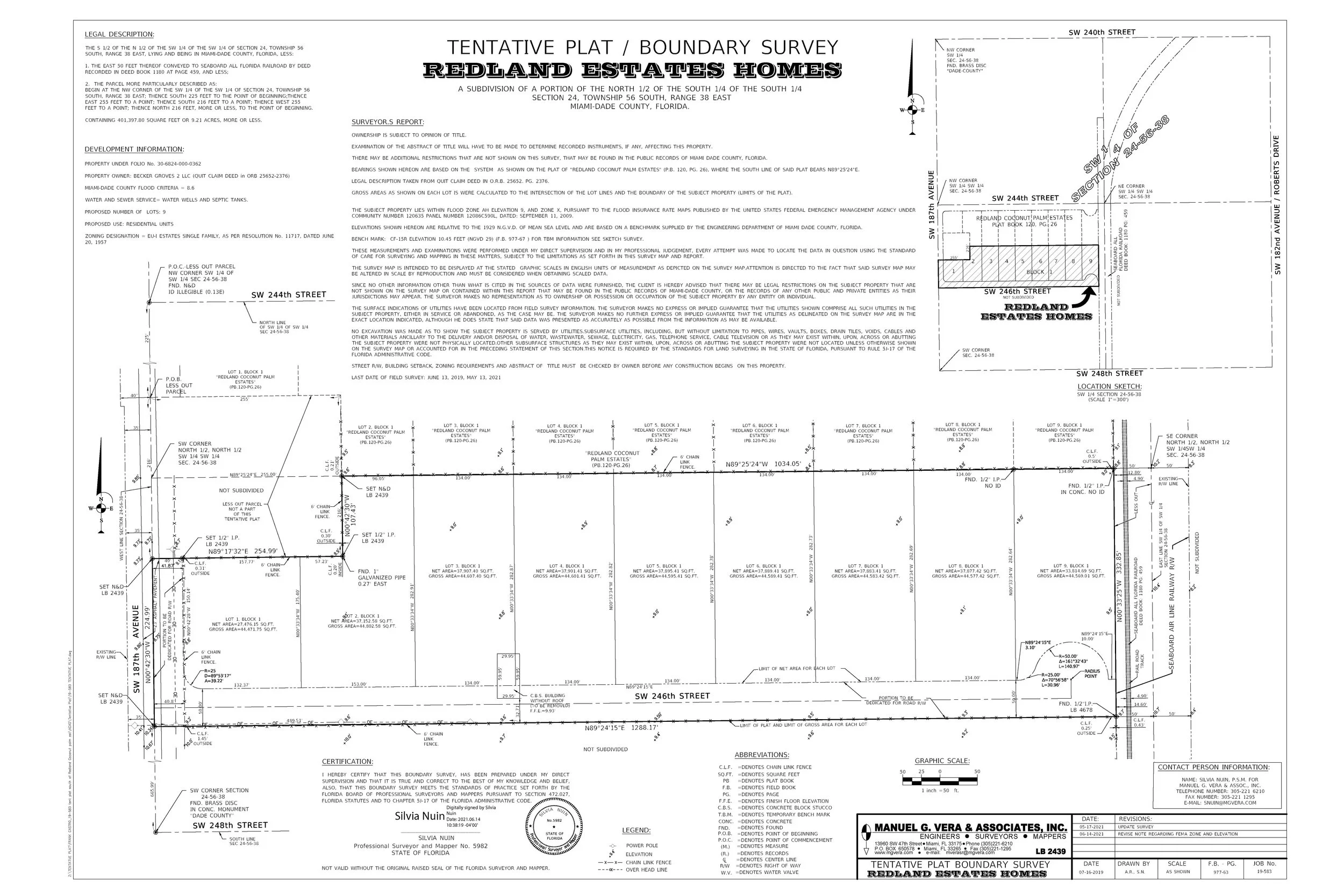 Land survey map of Redland Estates Homes showing boundary lines, lot numbers, street names, and measurements in Florida.