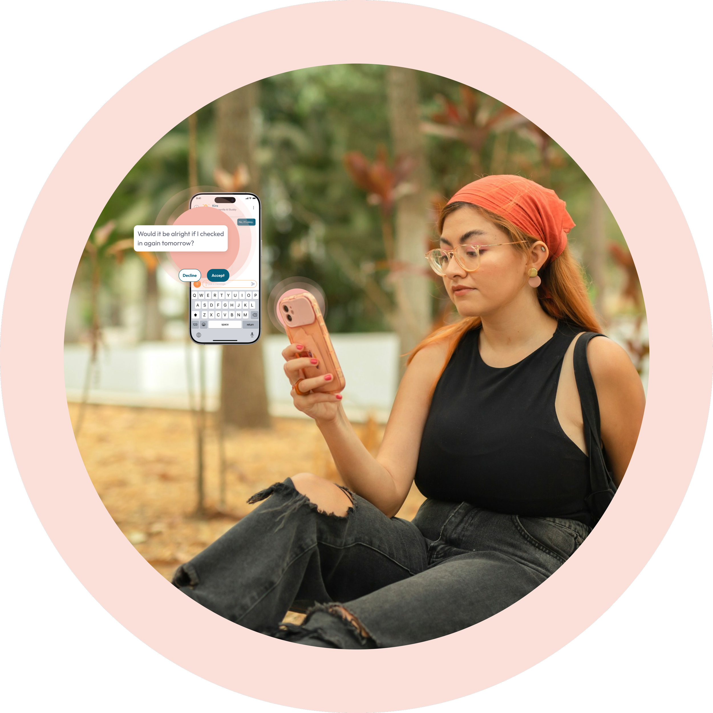 Woman sitting on phone chatting with Kira, the ai chat behind KiKi.