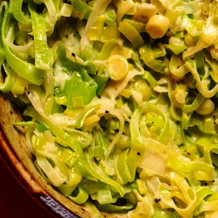 Slow Braised Creamy Leeks, Cabbage & Peas (GF)
