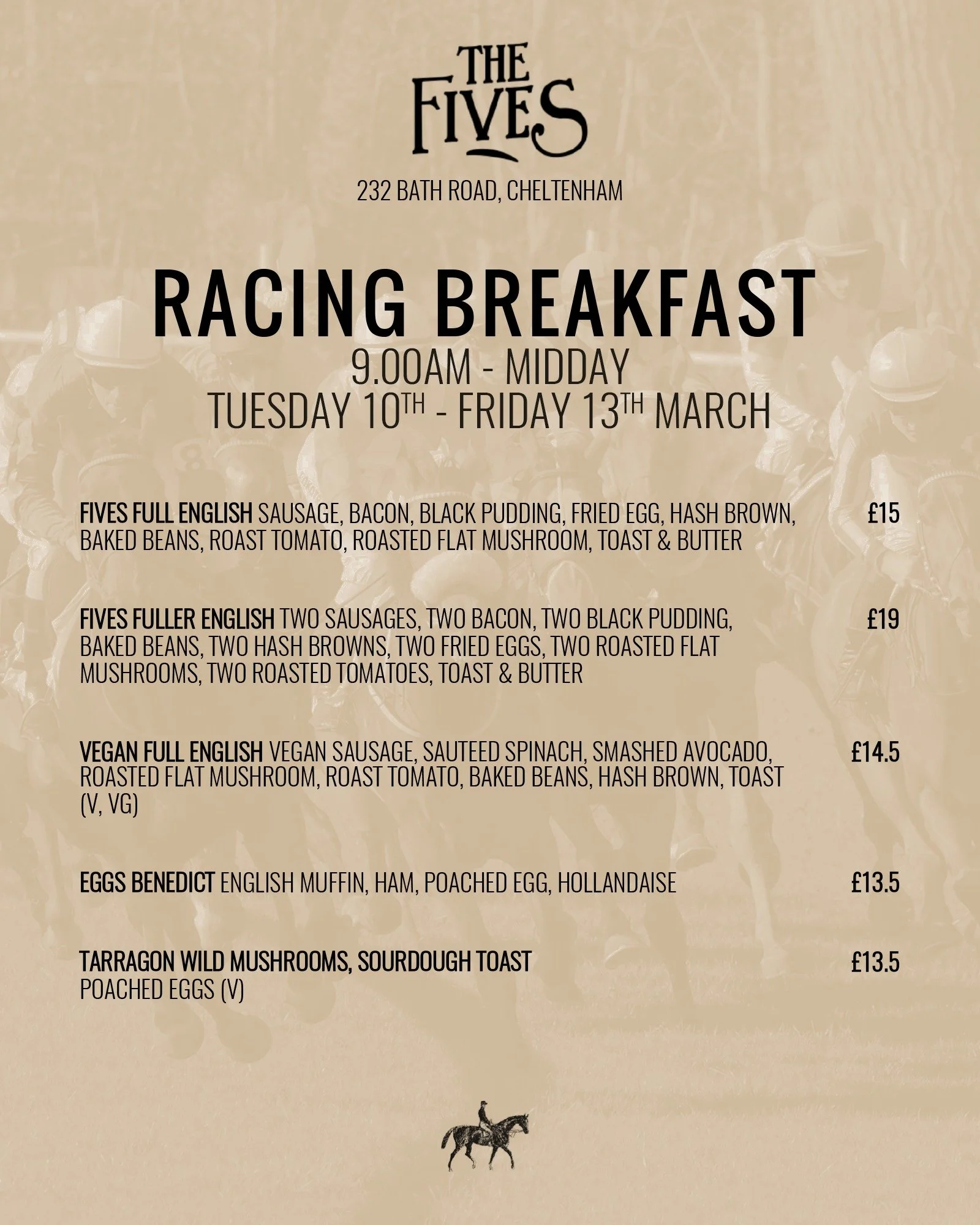 🎩👒 Cheltenham Raceweek 2026, 10th - 13th March 👒🎩

We will be serving breakfast Tuesday - Friday from 9.00am, along with showing the racing action on the screens all day!

How much Guinness do we have? Yes.

Murphy's too. We're not playing games.