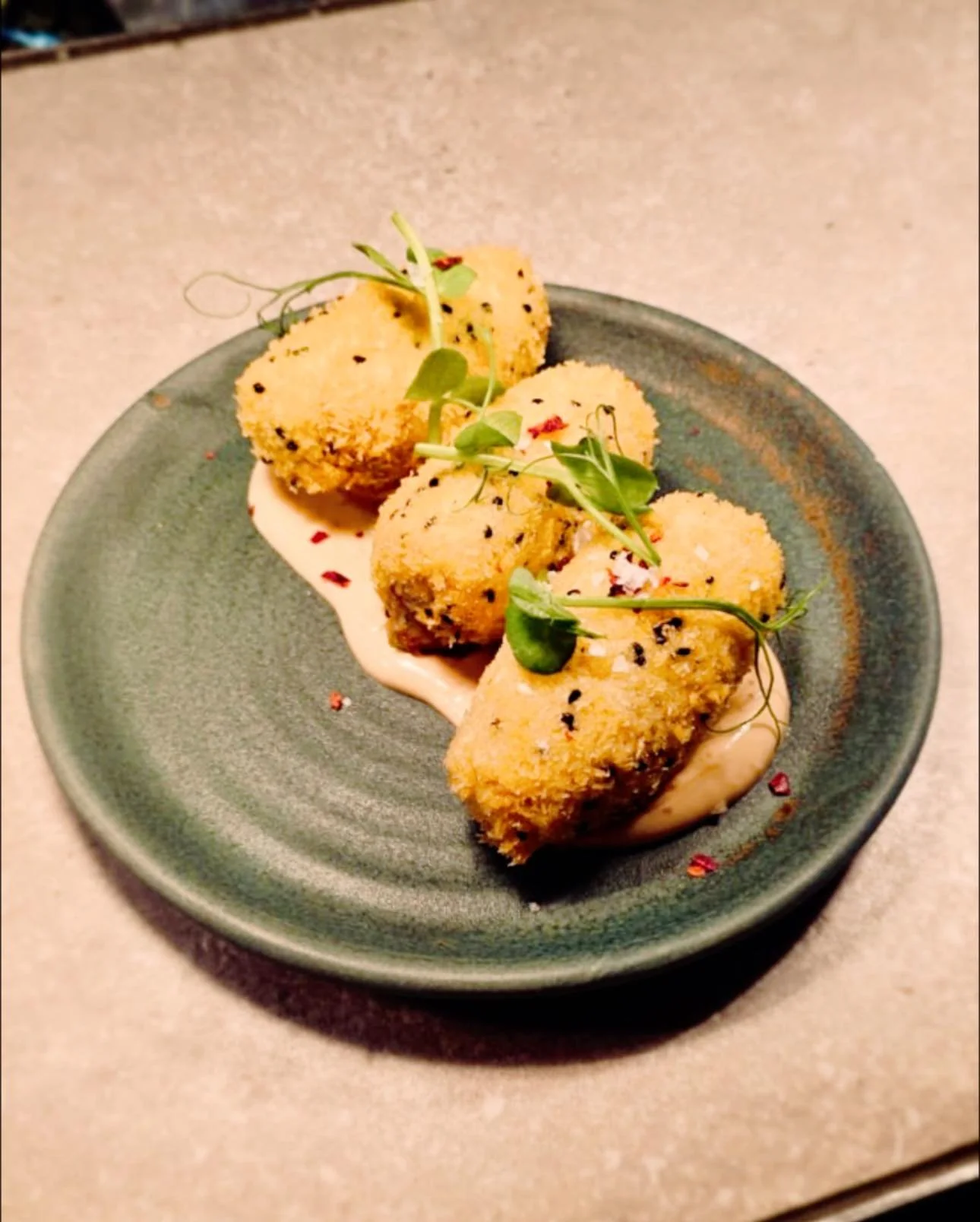 A gorgeous little special from the kitchen:

Jam&oacute;n Croquettes, Black Onion &amp; Sesame Seeds, Chipotle Mayo.

Once they are gone they are gone so grab yourself a table at wwwthefivealls.co.uk