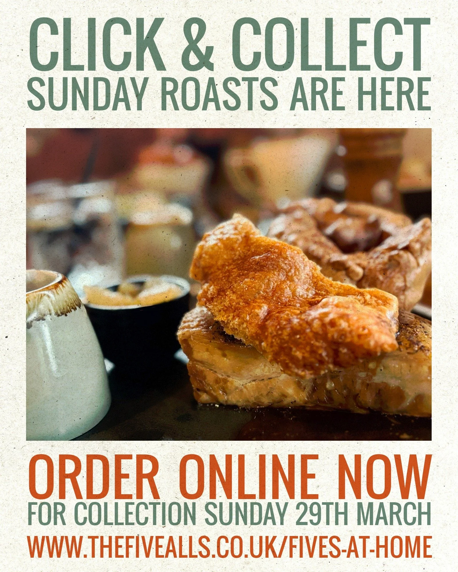 CLICK &amp; COLLECT SUNDAY ROAST ORDERS NOW OPEN 

Our iconic Small Plates Sunday Roast is available to enjoy at home this weekend.

Order between now and 5pm on Saturday 28th for collection on Sunday 29th (10am&ndash;12pm)

Finish it at home in unde