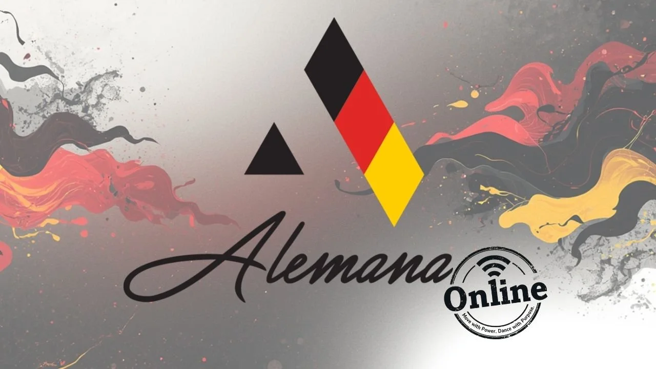 Graphic design featuring the German flag colors, an abstract background with colorful splashes and swirls, and the words 'Alemana Online' with a Wi-Fi symbol in a circular stamp.