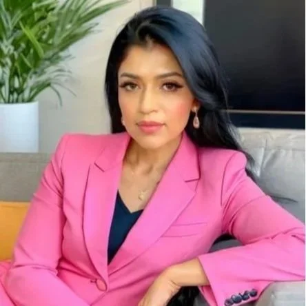 A woman with long dark hair wearing a pink blazer and earrings, sitting indoors with a plant and a television in the background.