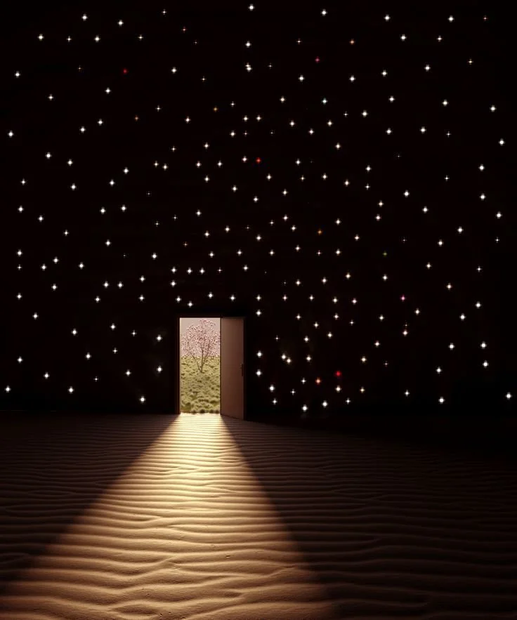 A dark room with star-like lights on the ceiling, an open door revealing a grassy field and a tree outside, and sand on the floor casting a glow from the doorway.