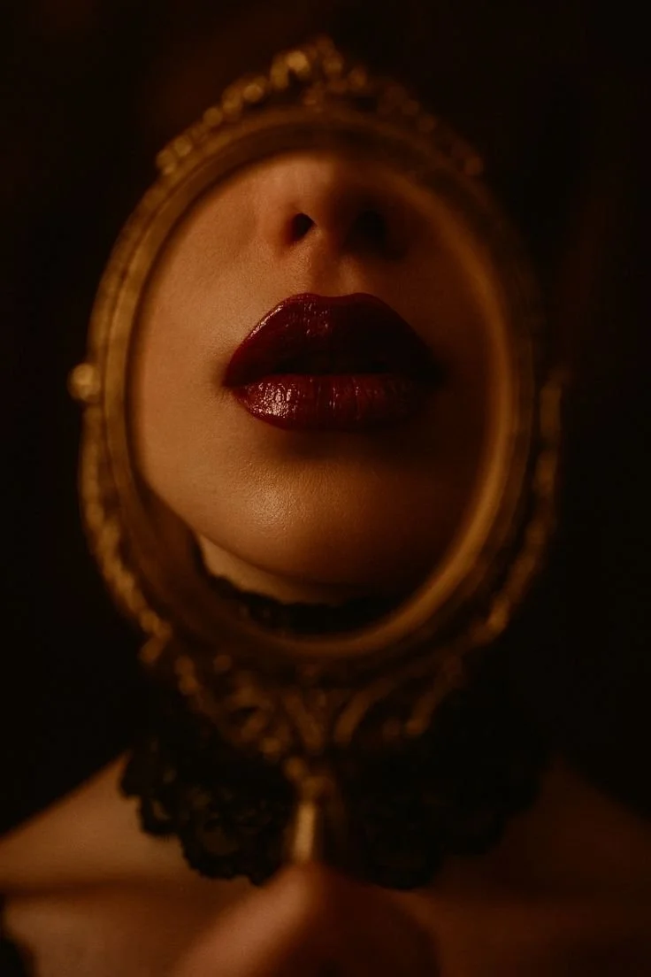 A woman with dark lipstick touching up her lips in an ornate hand mirror.