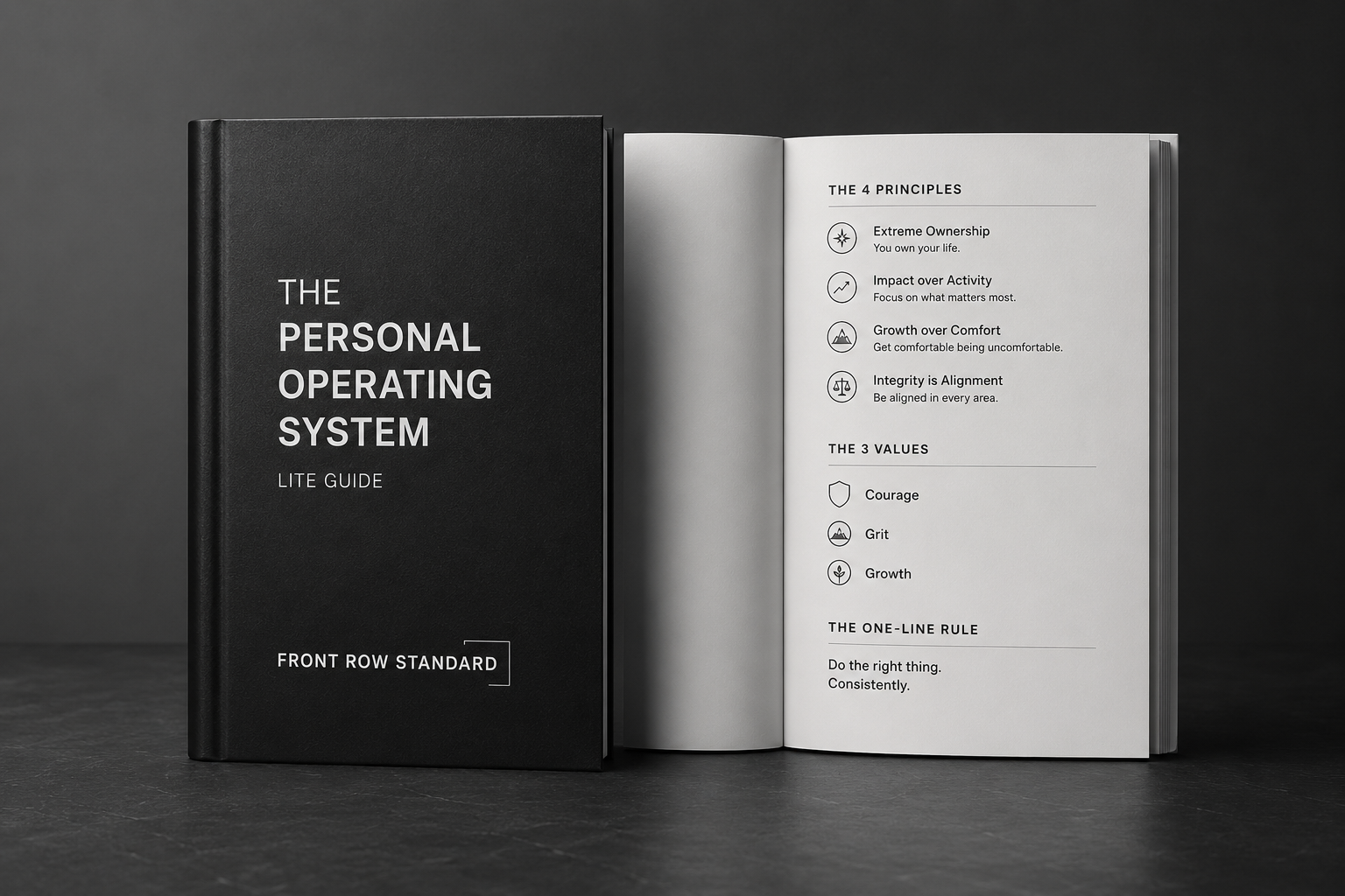 Open Black book titled 'The Personal Operating System Lite Guide' standing next to a white open notebook with text on the right page, set against a dark background.